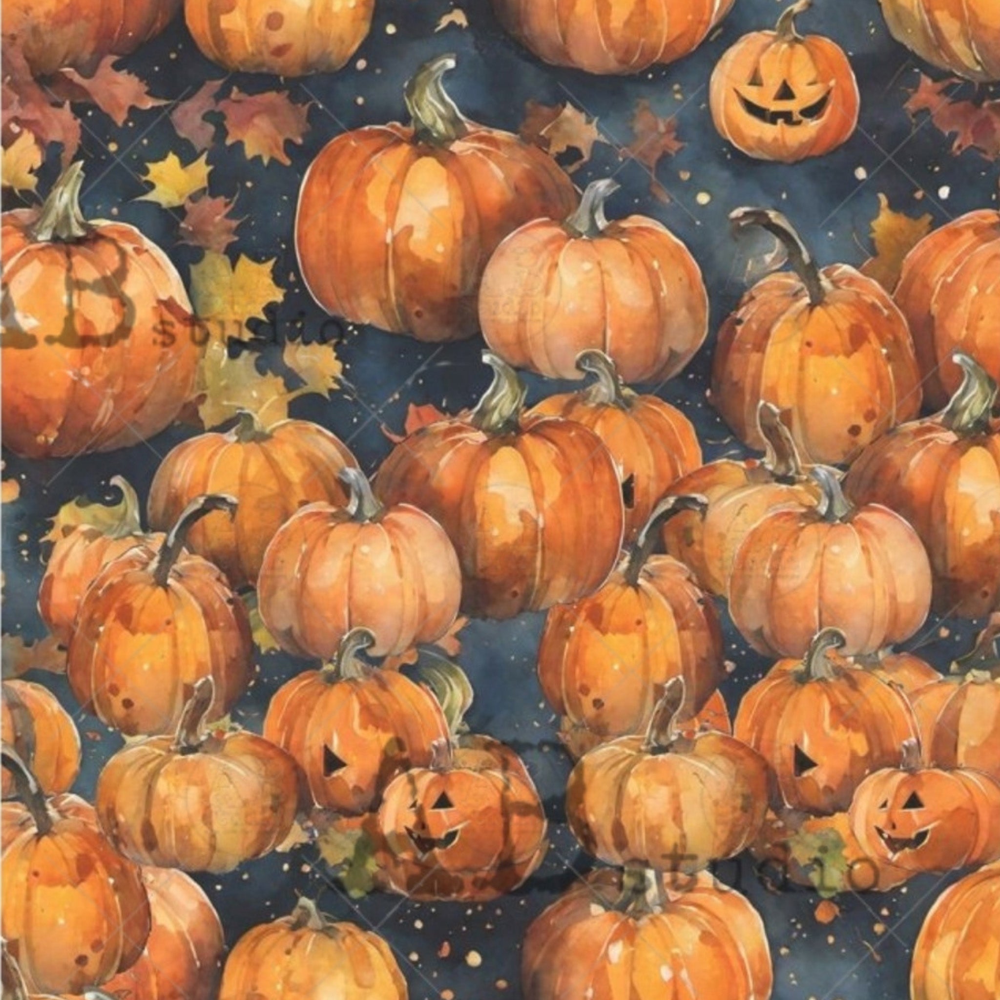 Close-up of an A4 rice paper that features a smoky background, complete with fall leaves, pumpkins, and jack-o-lanterns.