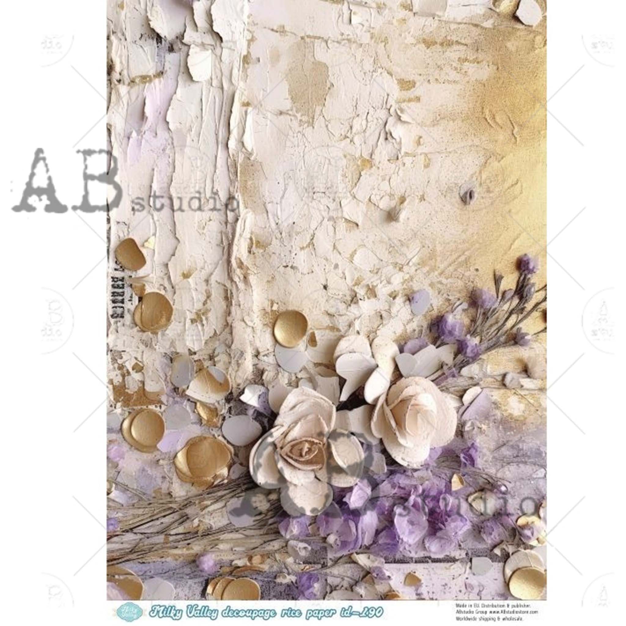 A4 rice paper design featuring delicate lavender and cream flowers resting against a charming white stucco background, accented with shimmering gold drops. White borders are on the sides.