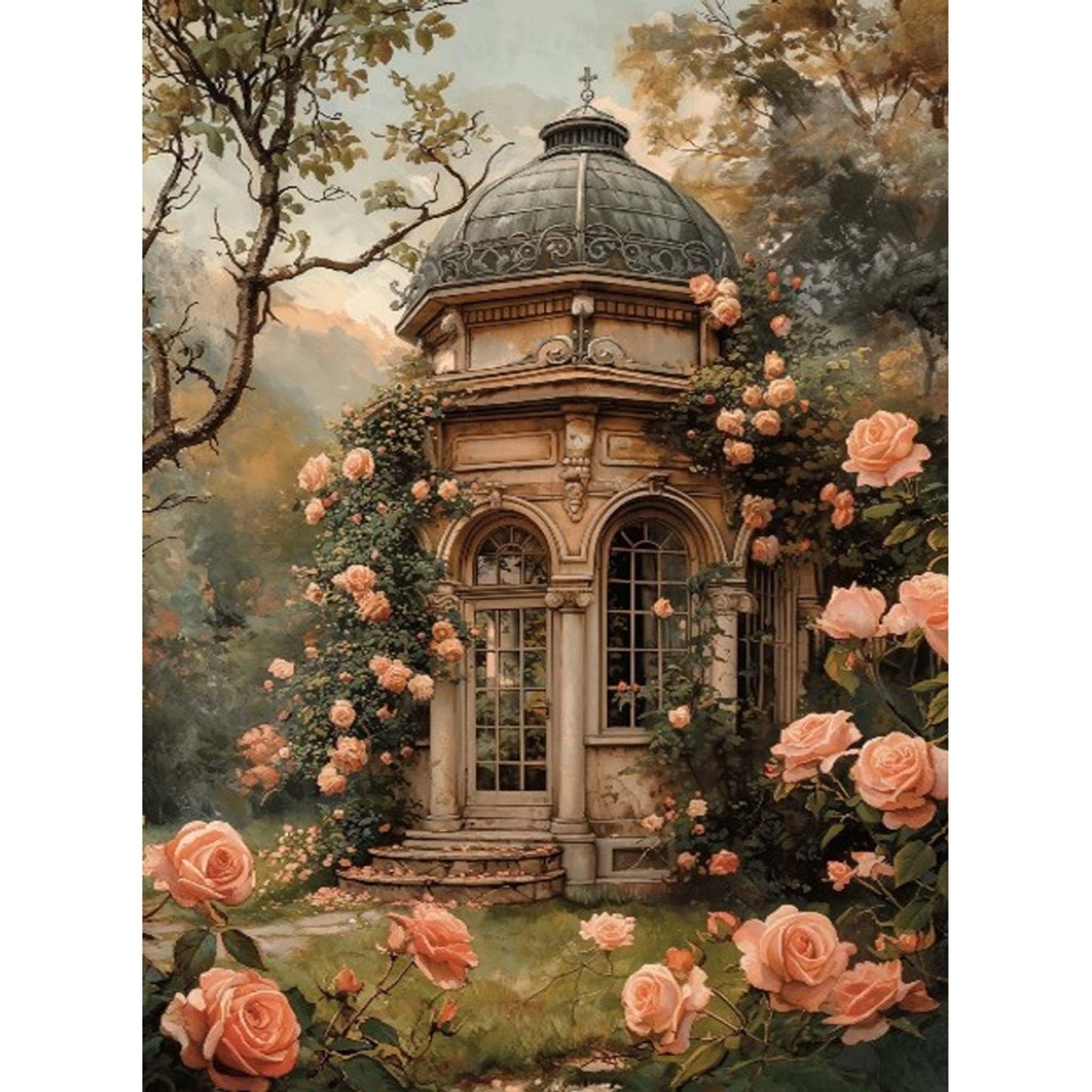A4 rice paper design that  features a stunning Victorian era gazebo adorned with beautiful roses. White borders are on the sides.
