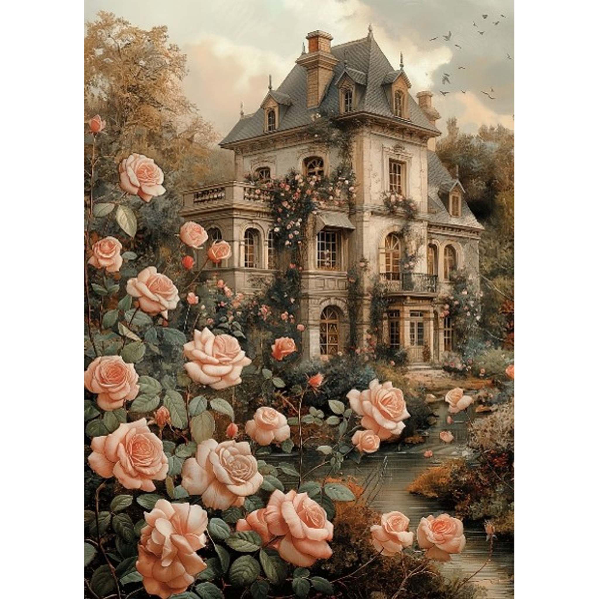 A4 rice paper design that features  a charming Victorian house nestled in a bed of delicate pink roses. White borders are on the sides.