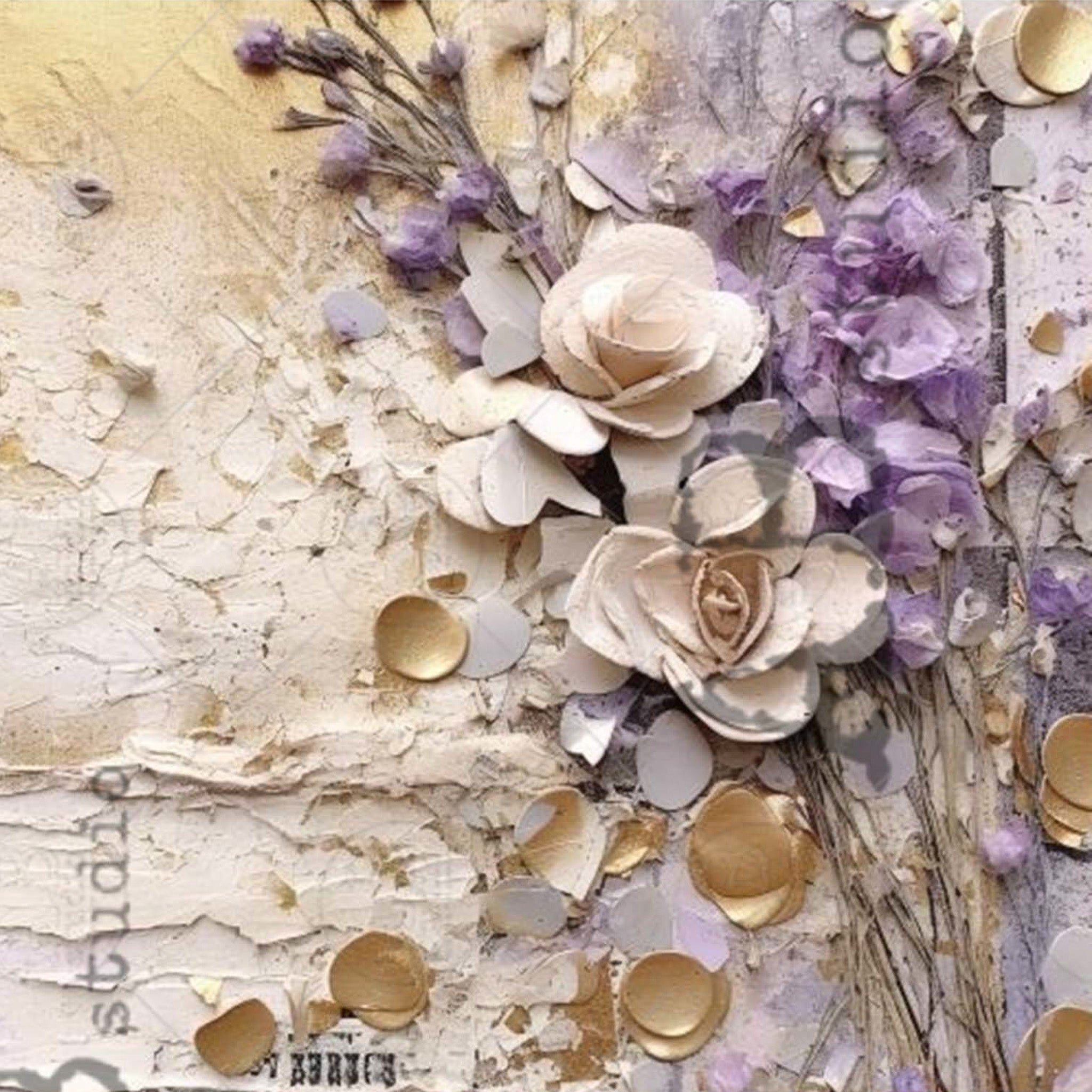 Close-up of an A4 rice paper design featuring delicate lavender and cream flowers resting against a charming white stucco background, accented with shimmering gold drops.