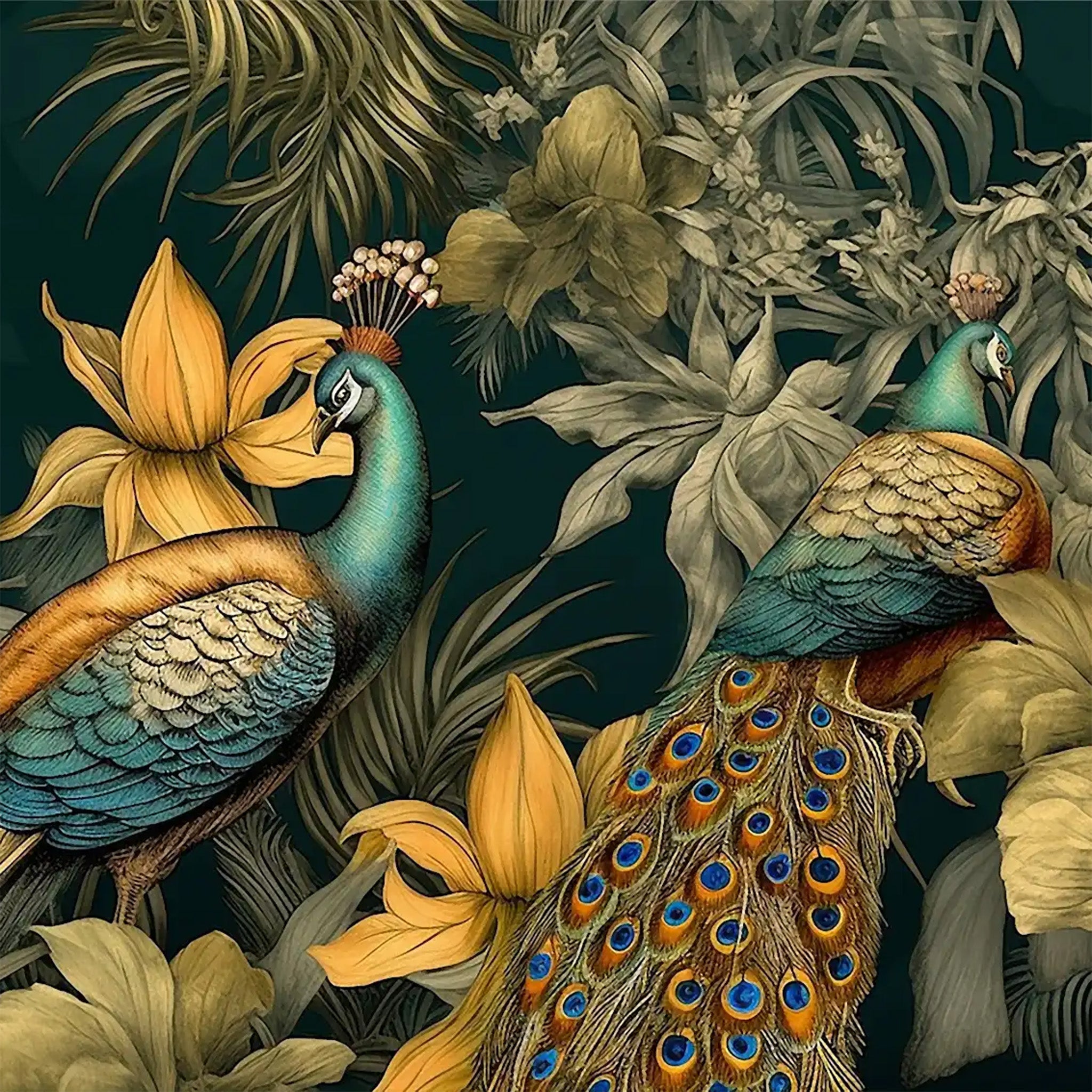 Close-up of a decoupage paper design that features 2 regal peacocks amidst golden foliage on a dark green background.