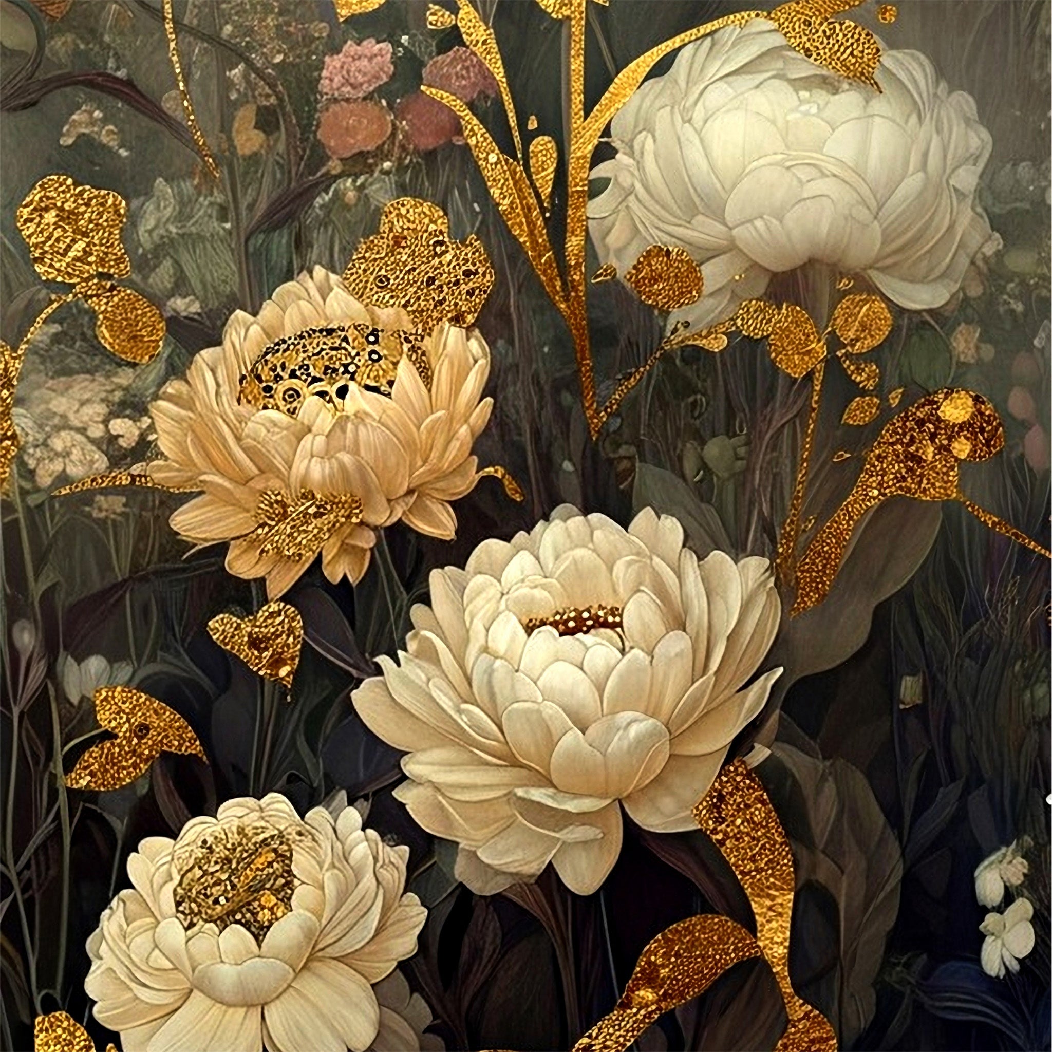 Close-up of a decoupage paper that features exquisite white and cream flowers with gold foliage on a dark floral backdrop. 