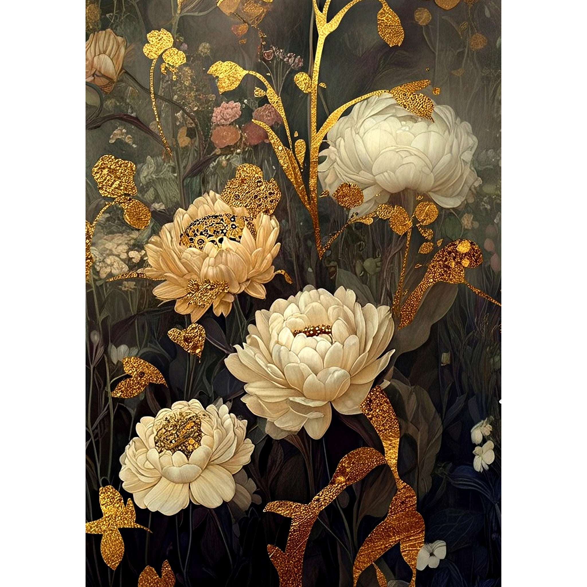 Decoupage paper that features exquisite white and cream flowers  with gold foliage on a dark floral backdrop. White borders are on the sides.