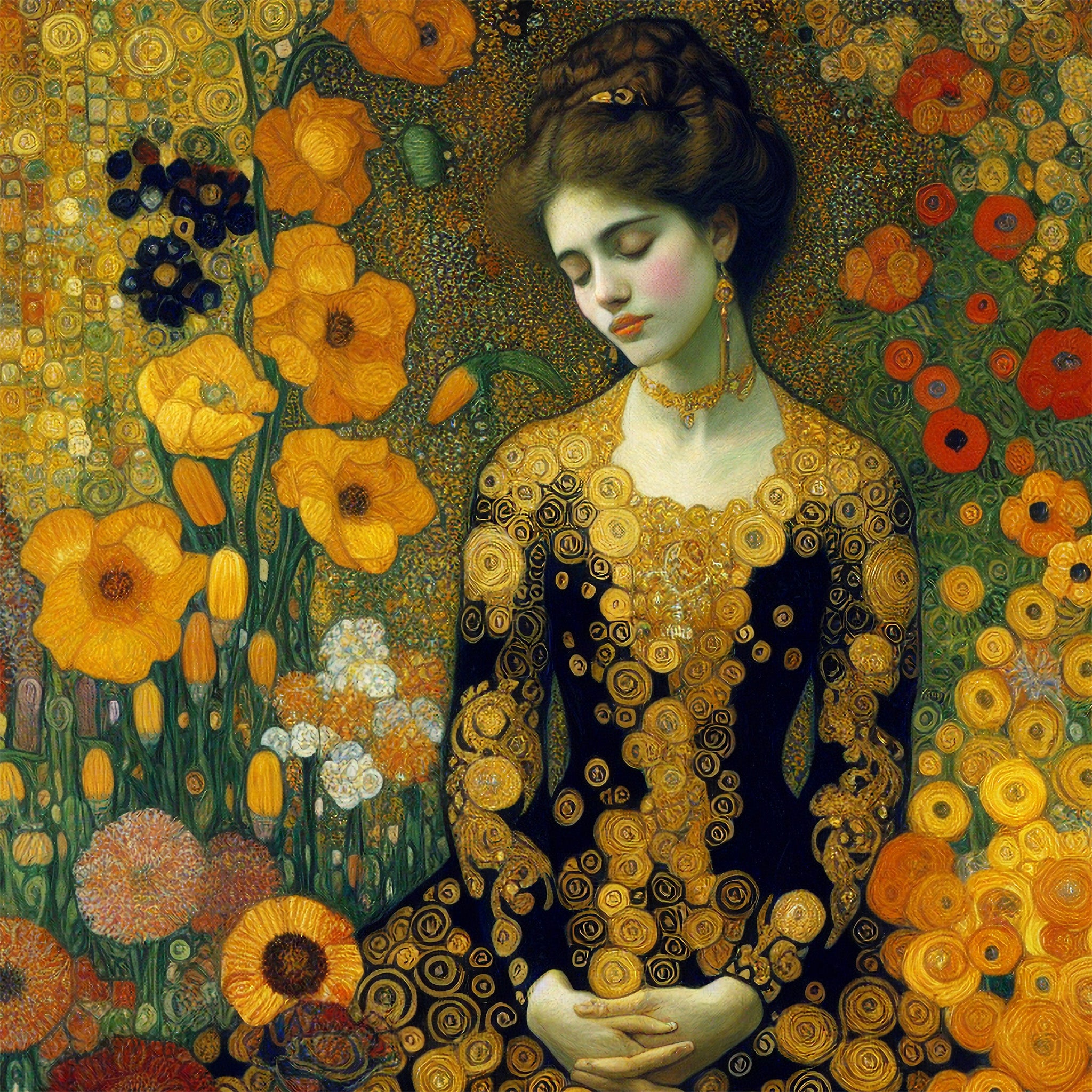 Close-up of a decoupage paper featuring a woman sporting golden-hued flowers on a sleek black dress, amidst art deco-inspired deep orange and yellow blooms. 