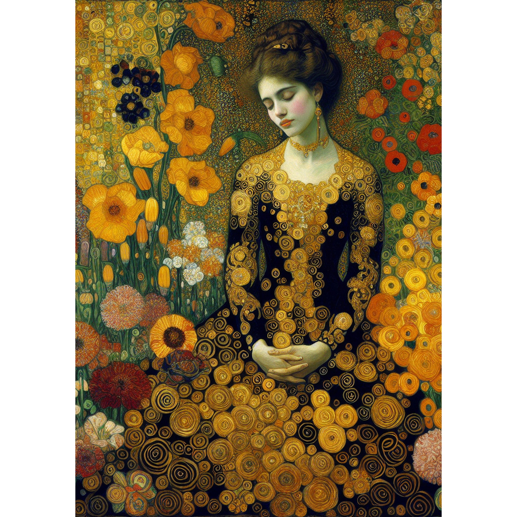 Decoupage paper featuring a woman sporting golden-hued flowers on a sleek black dress, amidst art deco-inspired deep orange and yellow blooms. White borders are on the sides.