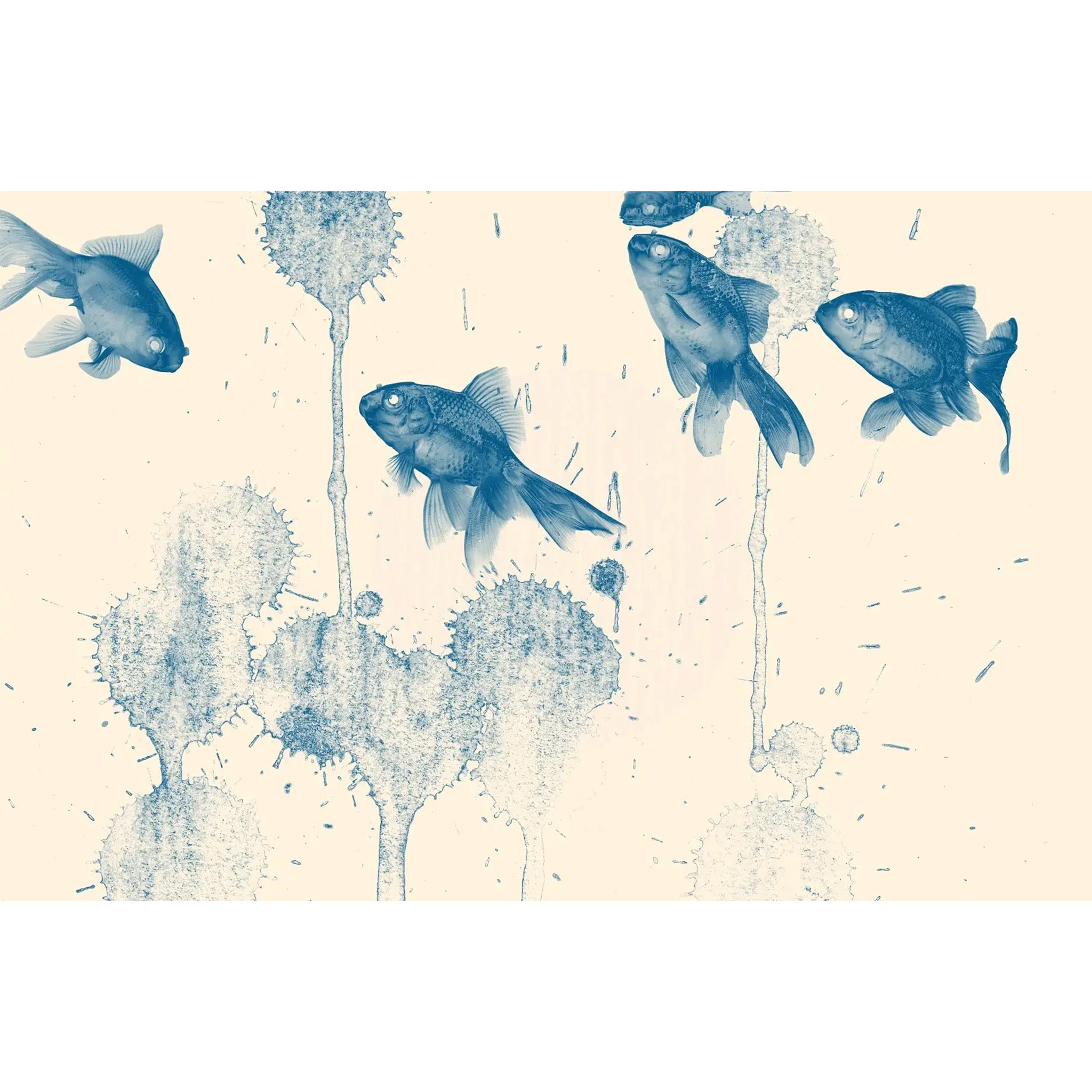 Decoupage paper that features a negative colored image of playful goldfish swimming against a cream color background. White borders are on the sides.