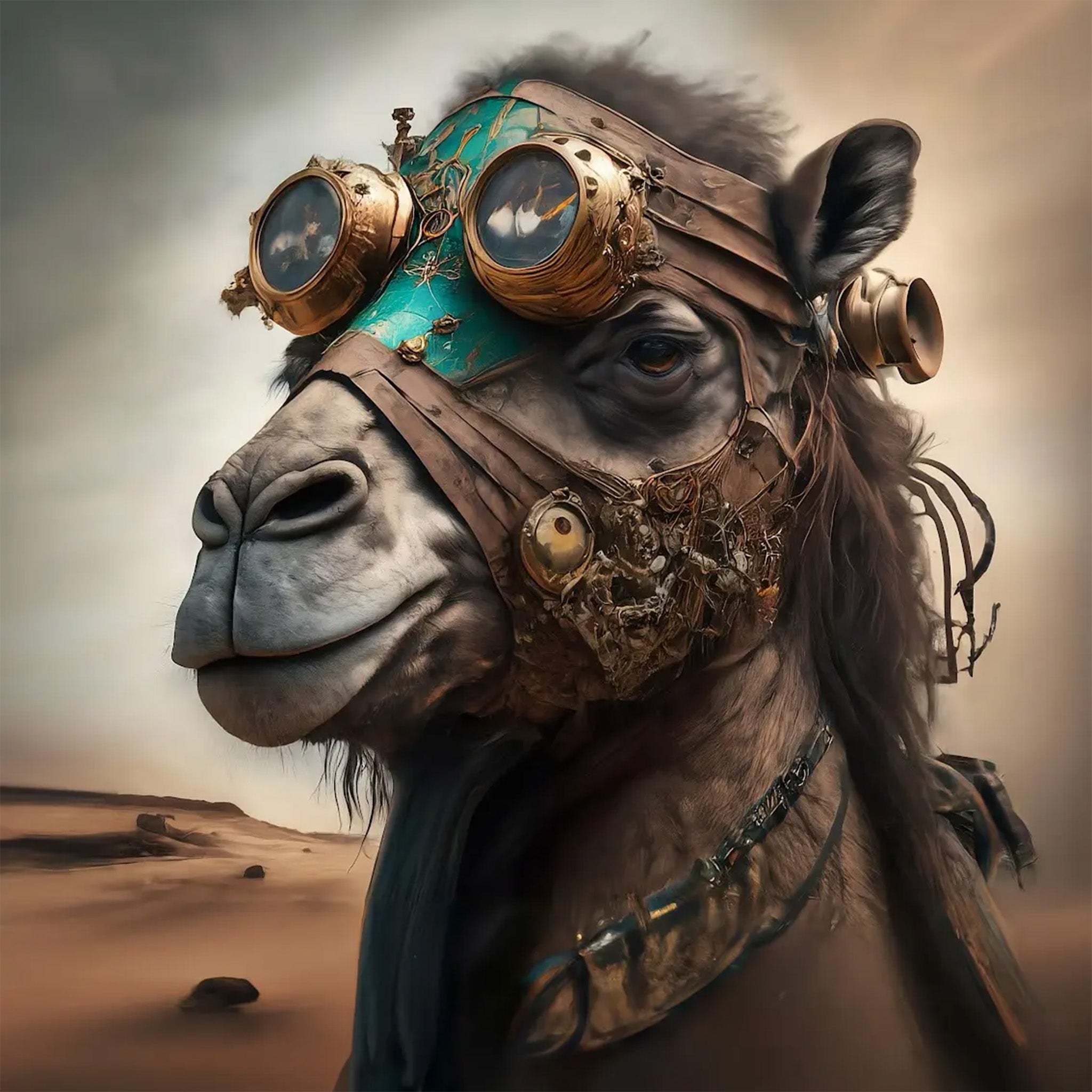 Close-up of a decoupage paper featuring a whimsical camel in the desert with steampunk goggles and headgear. 