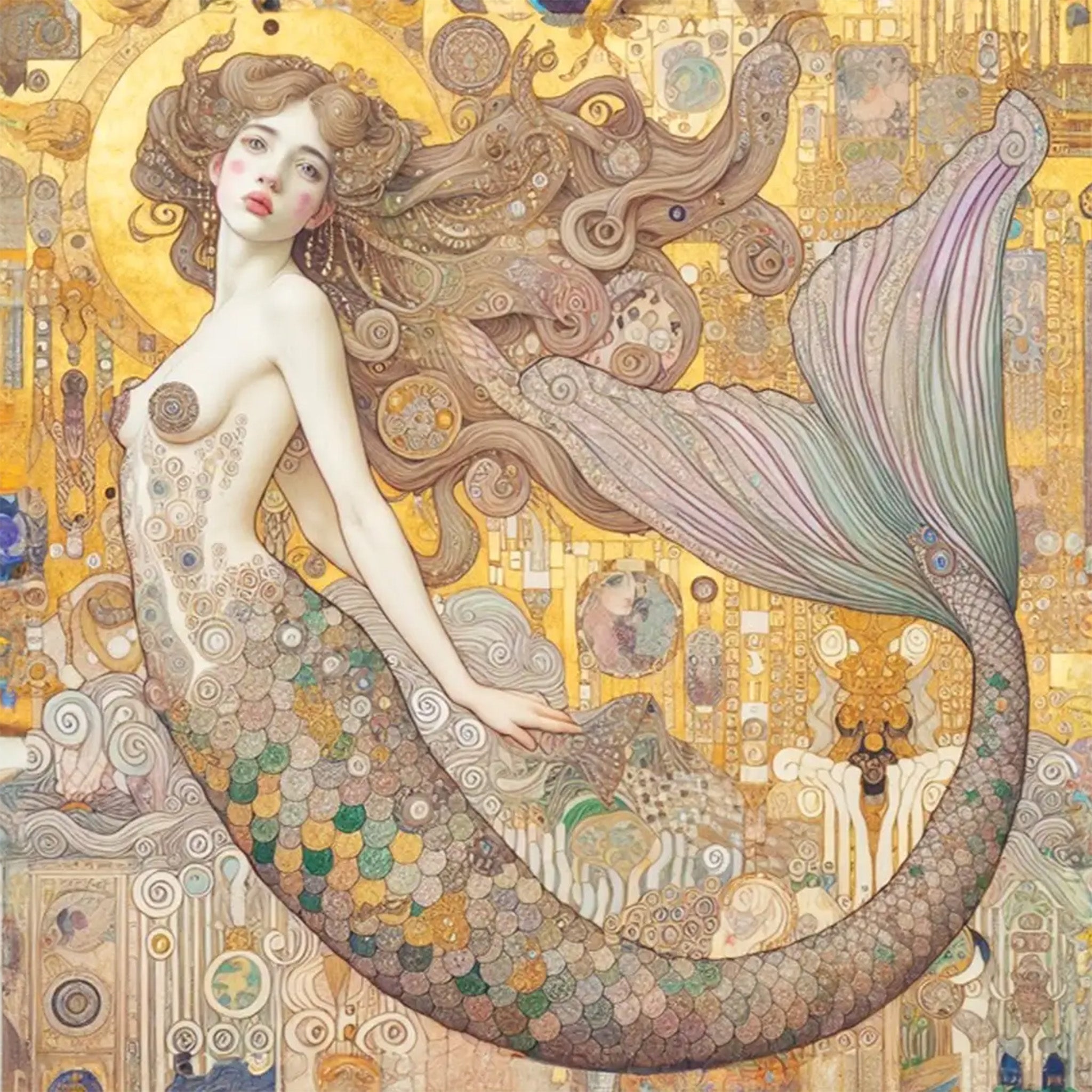 Close-up of a decoupage paper design that features a mermaid with enchanting, swirling locks and mystical hieroglyphic background in soft gold and light brown tones.