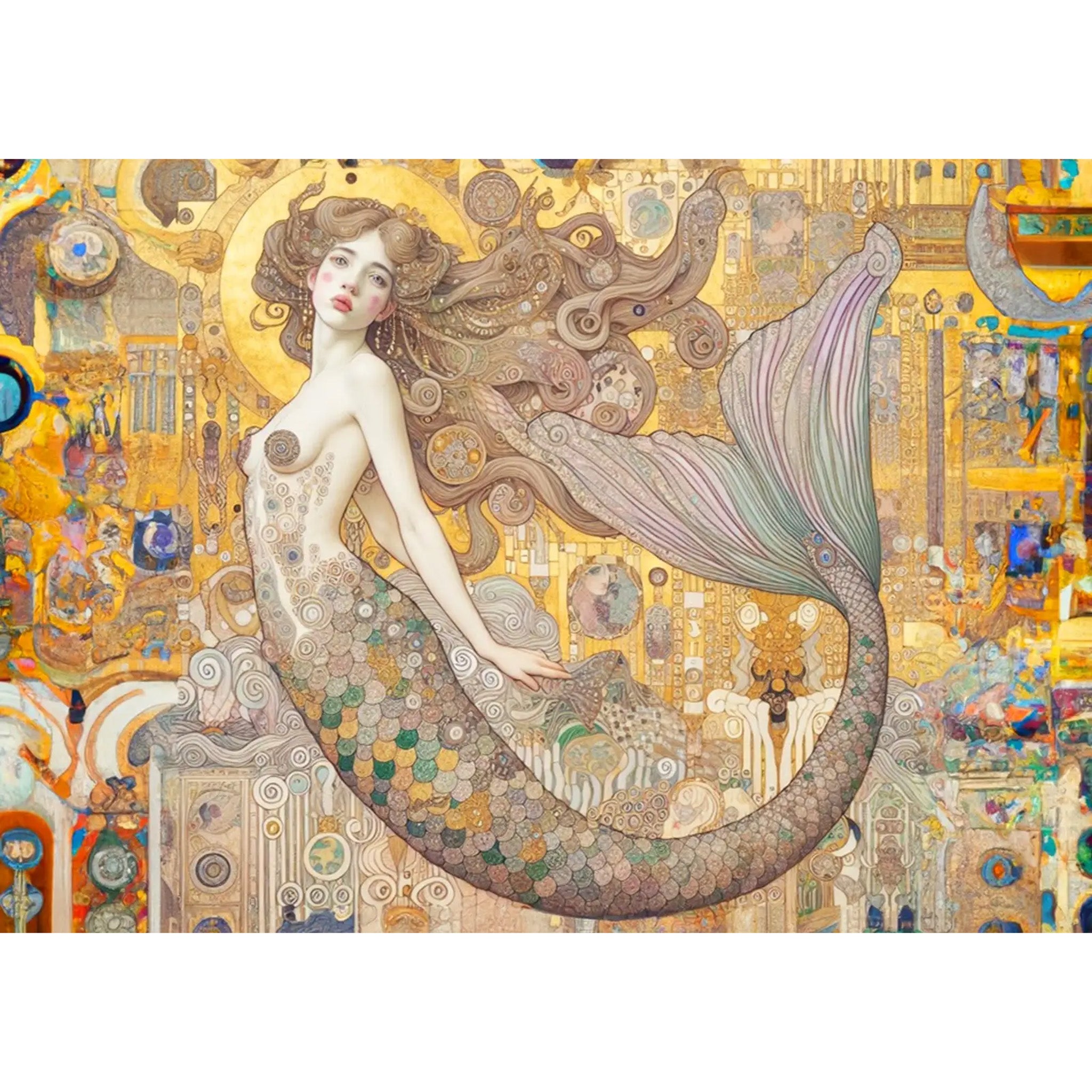 Decoupage paper design that features a mermaid with enchanting, swirling locks and mystical hieroglyphic background in soft gold and light brown tones. White borders are on the sides.