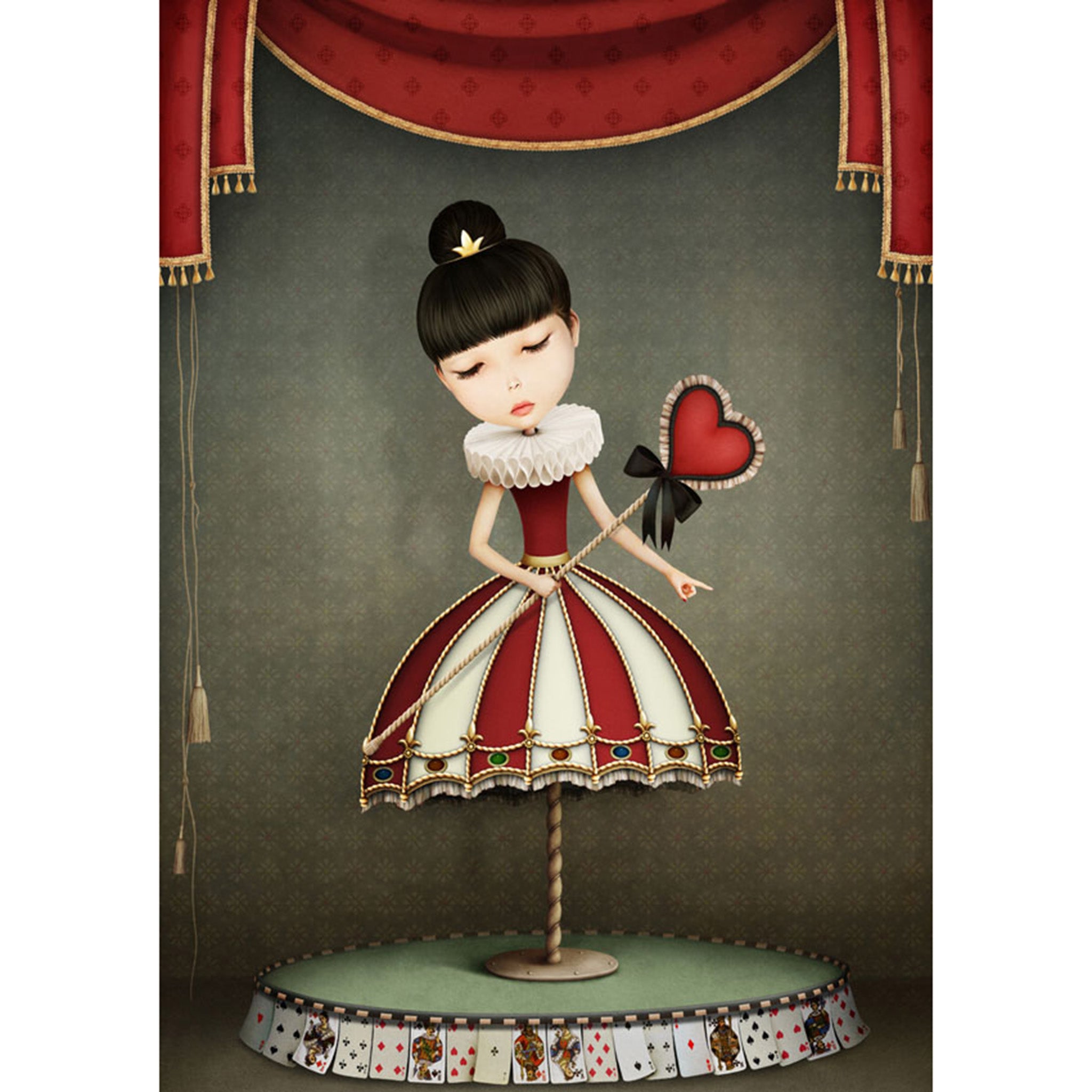 Decoupage paper that features a music box figurine of the Queen of Hearts in a striking red and white striped stained glass dress, set on a stage surrounded by playing cards and vibrant red curtains. White borders are on the sides.