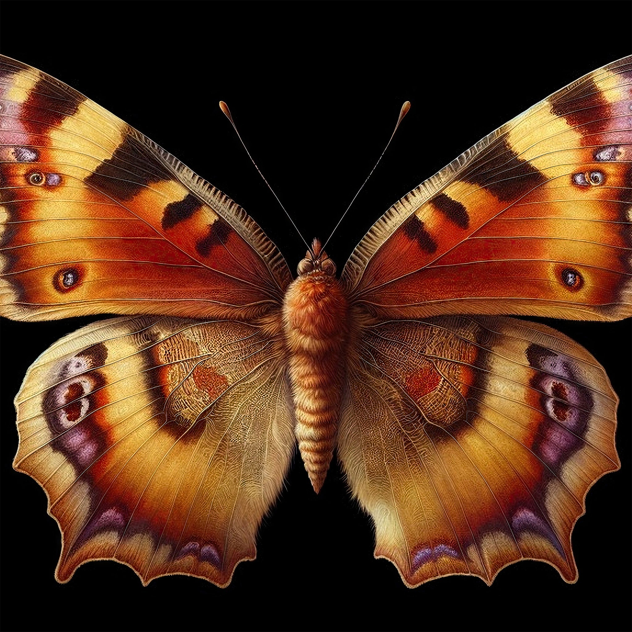 Close-up of a decoupage paper featuring a large tortoiseshell butterfly on a bold black background.