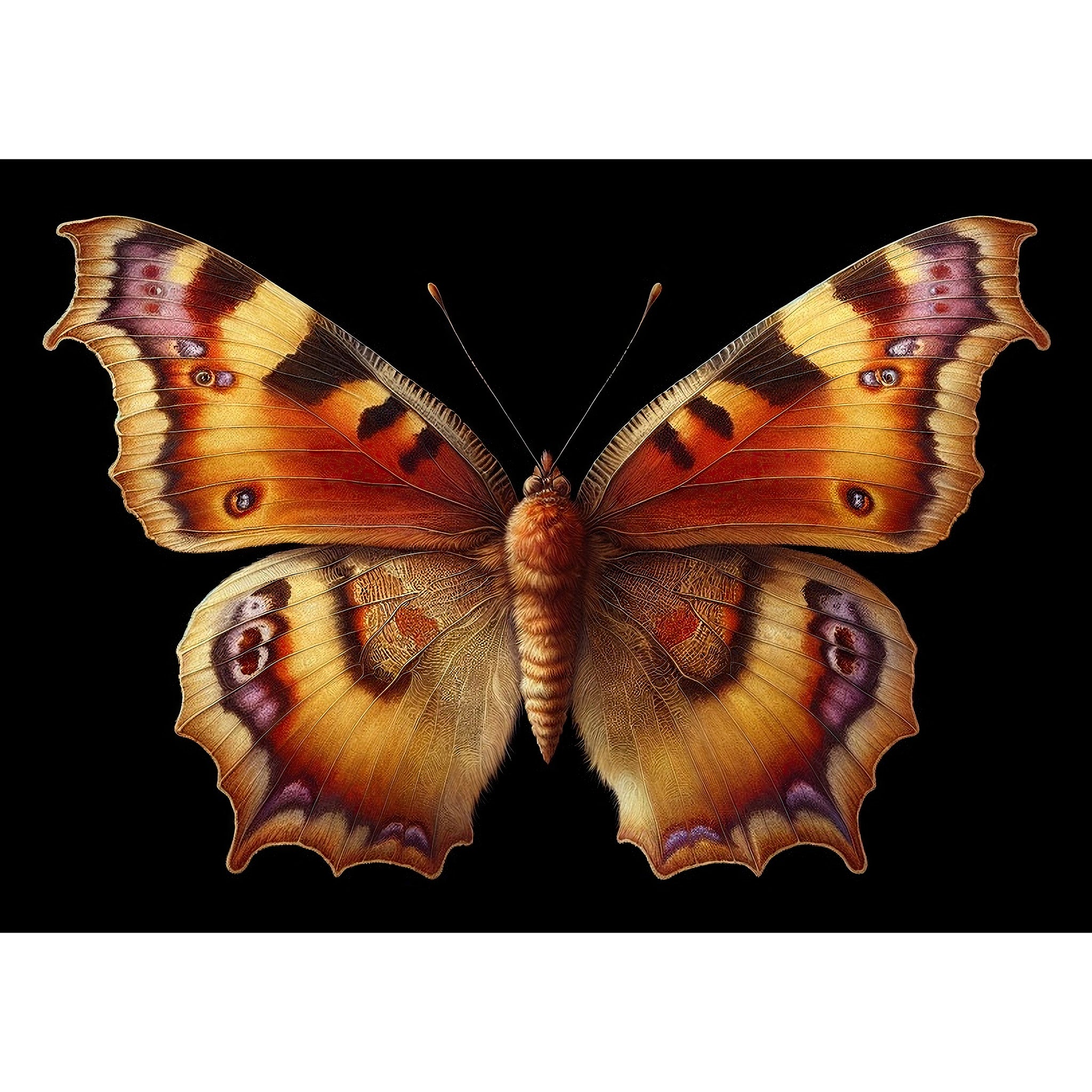 Decoupage paper featuring a large tortoiseshell butterfly on a bold black background. White borders are on the top and bottom.