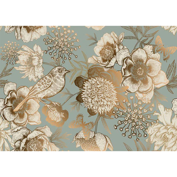 Decoupage paper featuring beautiful white birds and delicate flowers, outlined in gold foil on a light blue background. White borders are on the top and bottom.