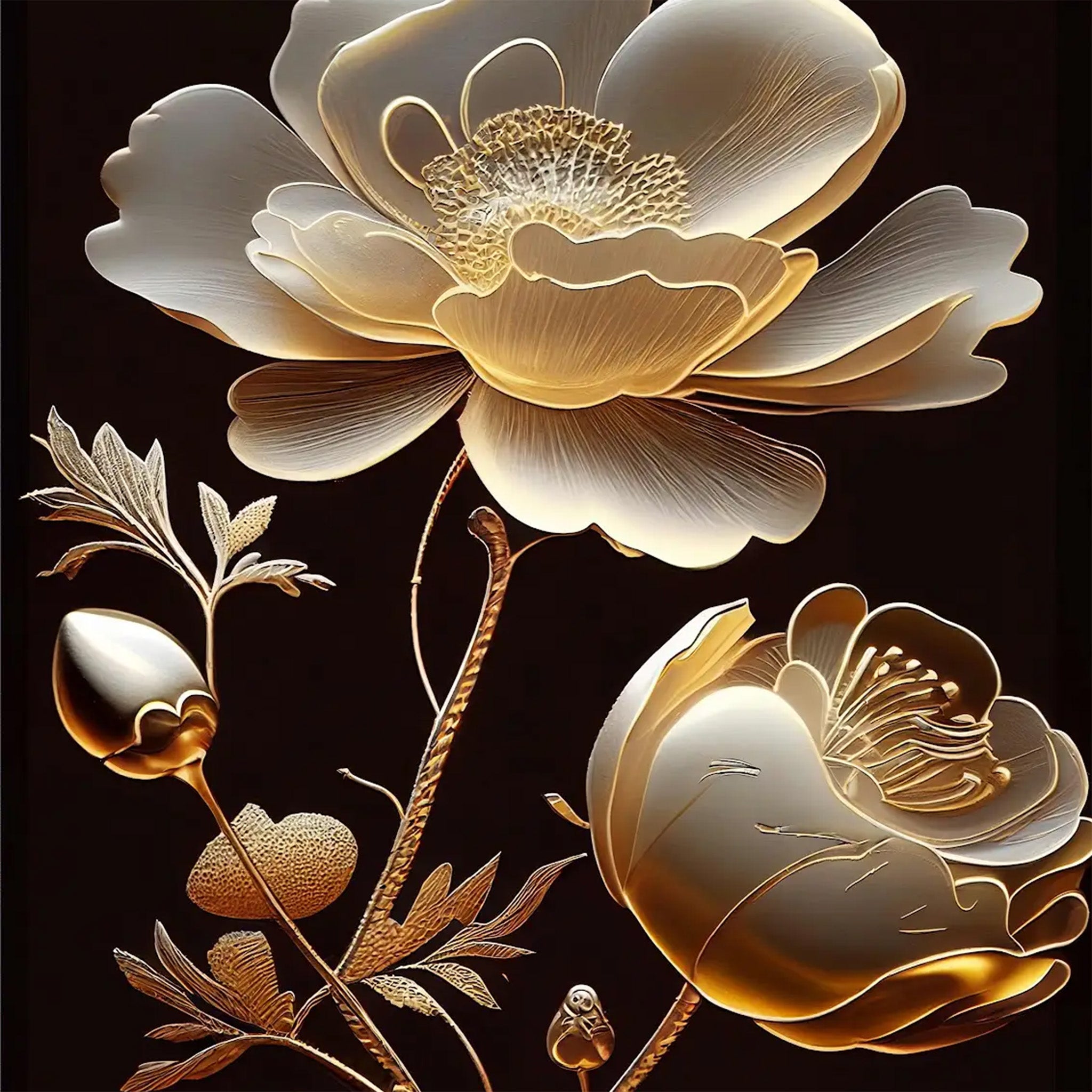 Close-up of a decoupage paper that features  large flower blooms in radiant gold and white against a bold black background.