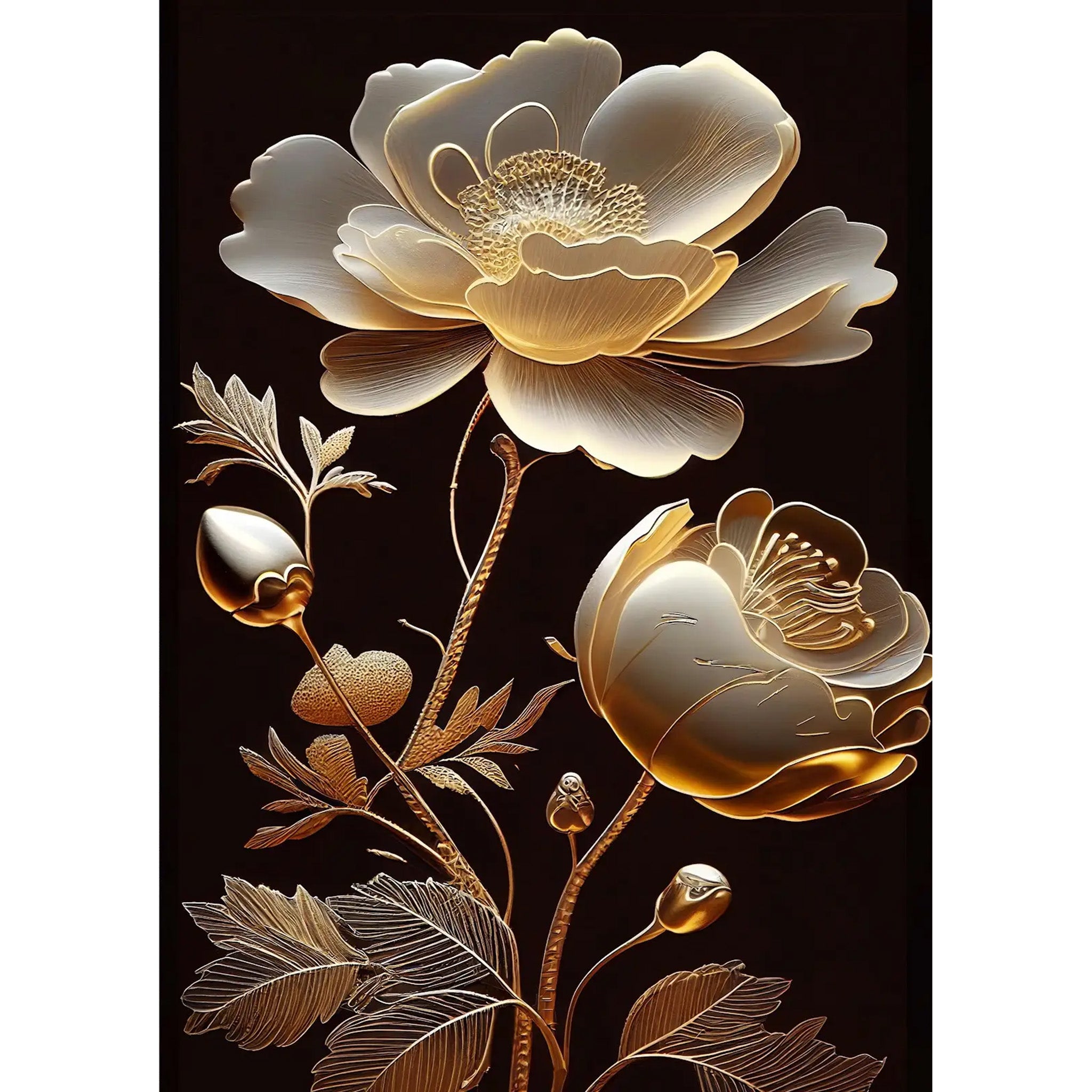 Decoupage paper that features  large flower blooms in radiant gold and white against a bold black background. White borders are on the sides.