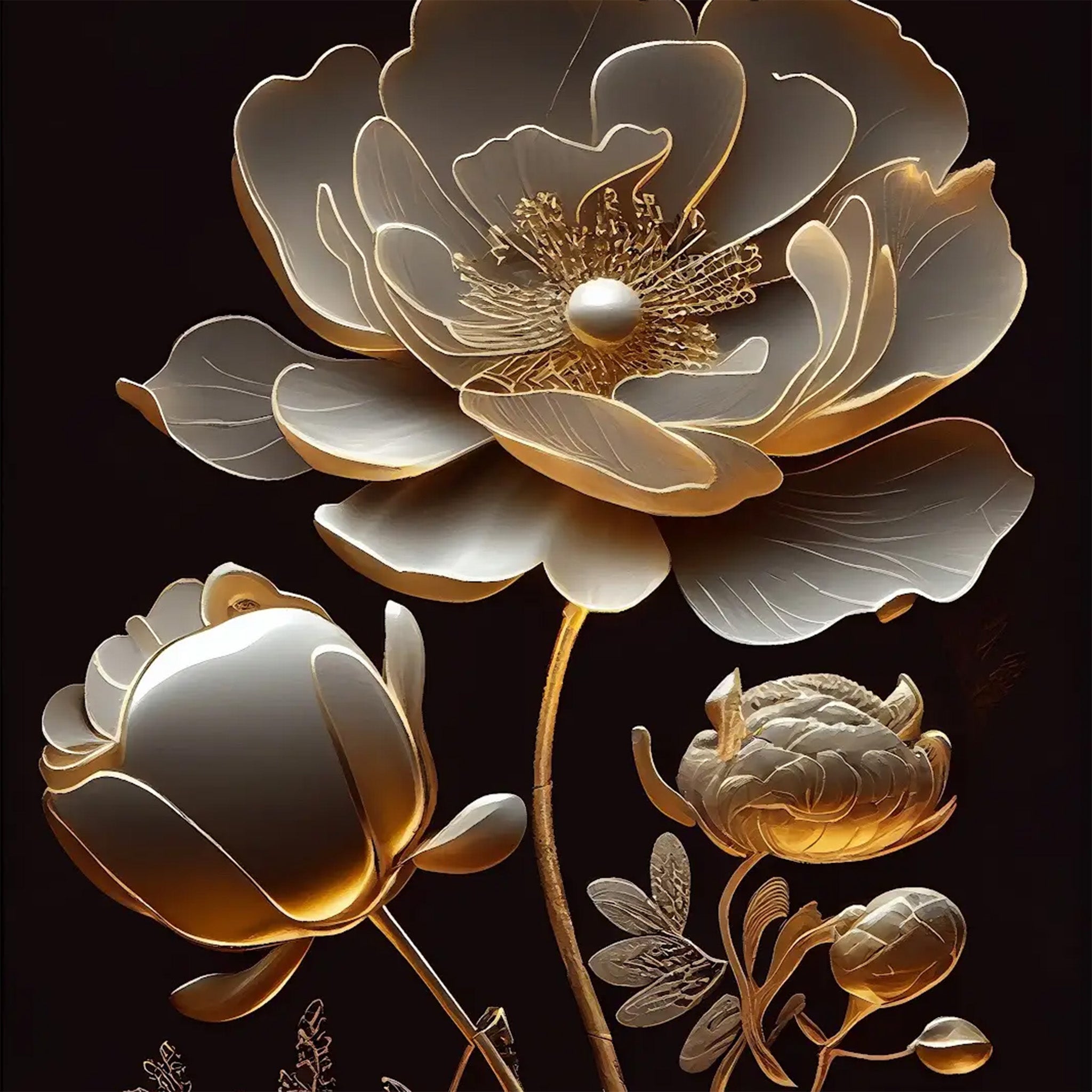 Decoupage paper that features a bold black background, stunning large flower blooms in radiant gold and white.