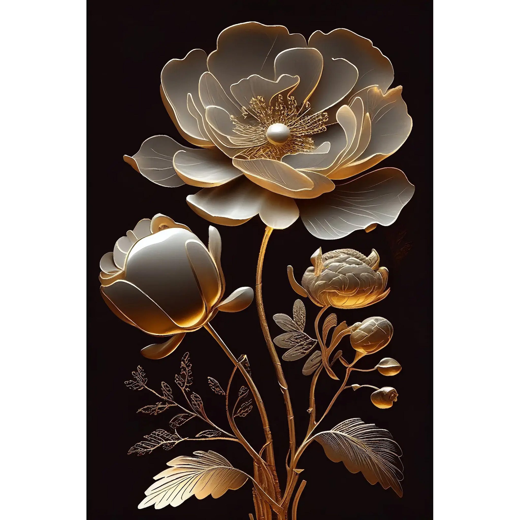 Decoupage paper that features a bold black background, stunning large flower blooms in radiant gold and white. White borders are on the sides.