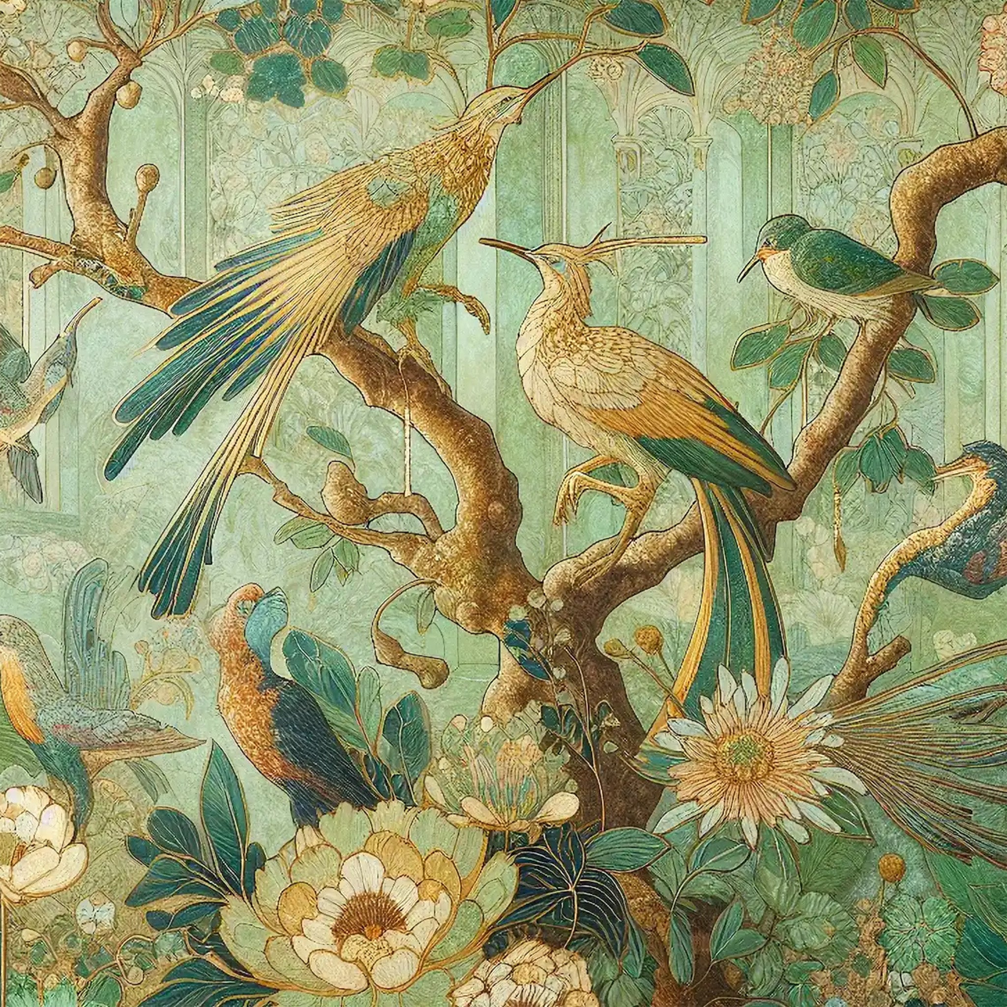 Close-up of a decoupage paper featuring a tapestry of charming exotic birds and flowers against a vintage green striped background.