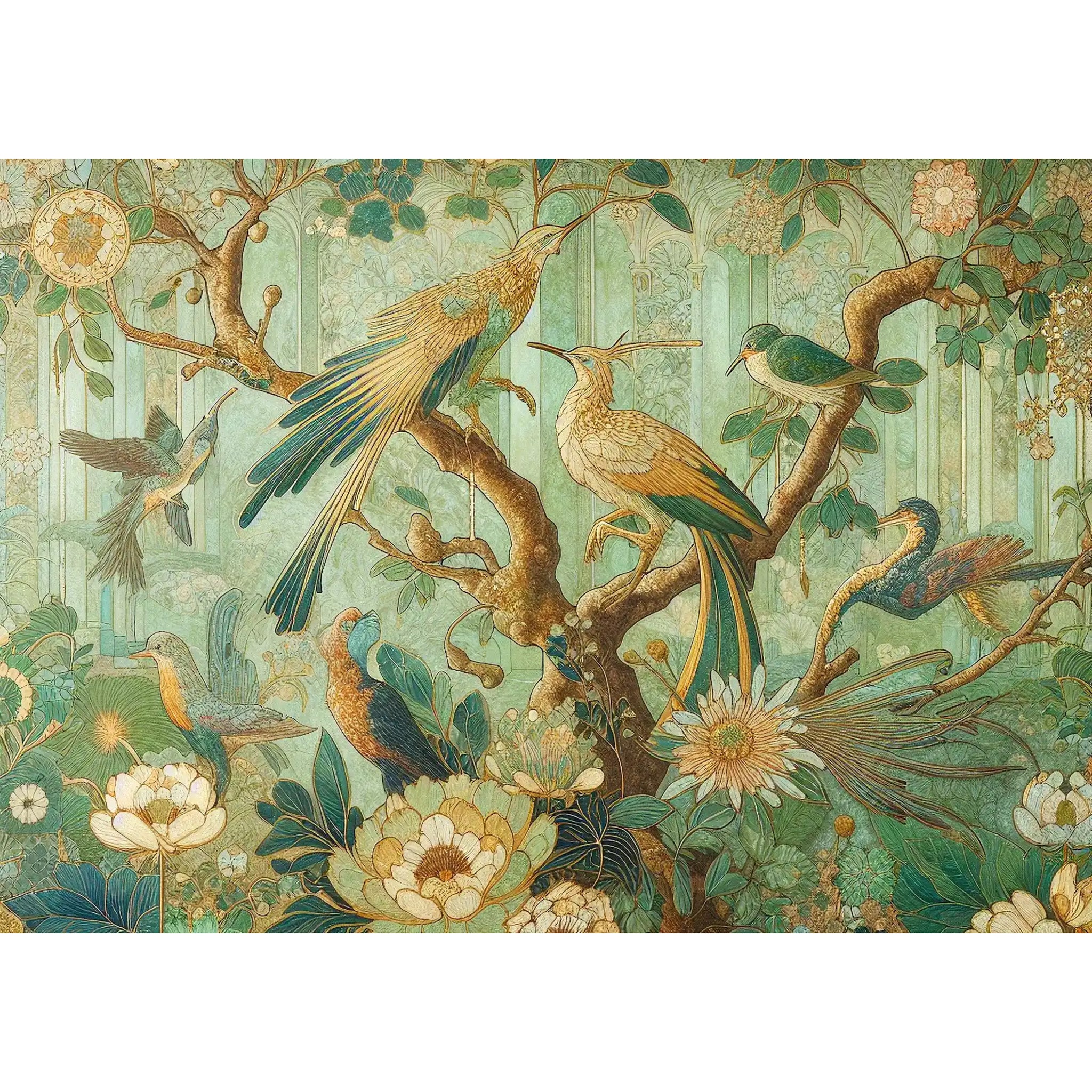 Decoupage paper featuring a tapestry of charming exotic birds and flowers against a vintage green striped background. White borders are on the top and bottom.