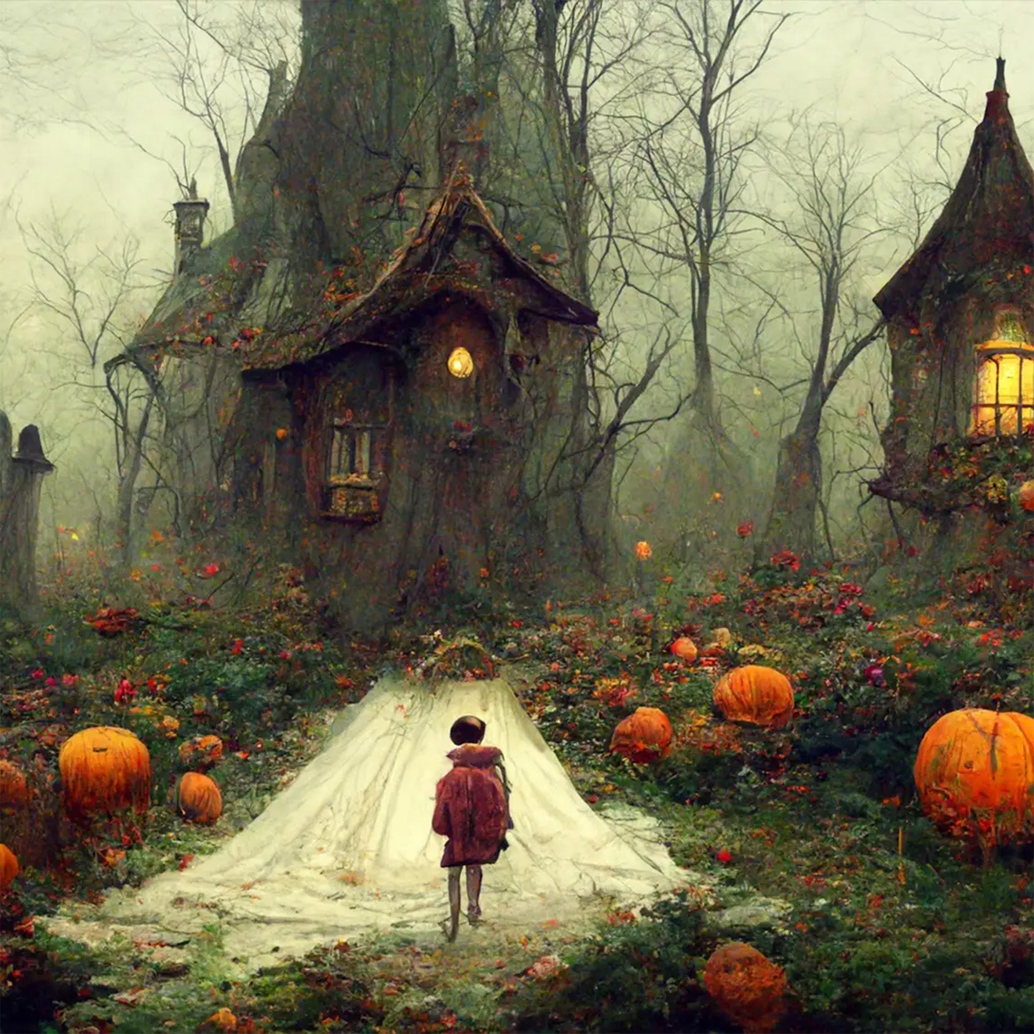 Close-up of a decoupage paper that features a spooky scene of Victorian style homes made out of trees and a child traversing a pumpkin-lined path.