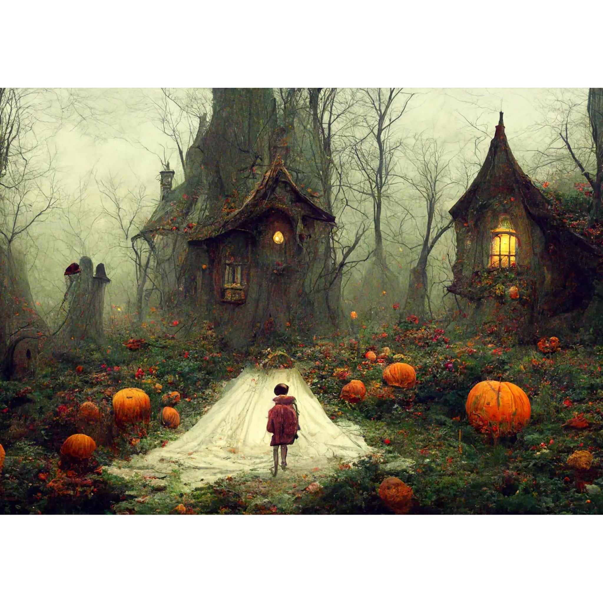 Decoupage paper that features a spooky scene of Victorian style homes made out of trees and a child traversing a pumpkin-lined path. White borders are on the top and bottom.