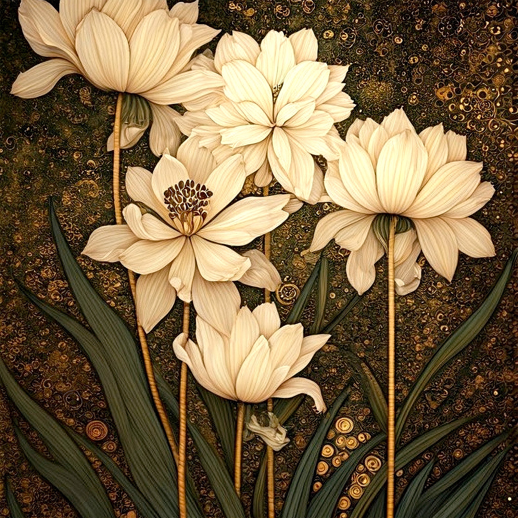 Close-up of a decoupage paper featuring delicate, sepia toned long stem white flowers with dark green leaves against a dark background. 