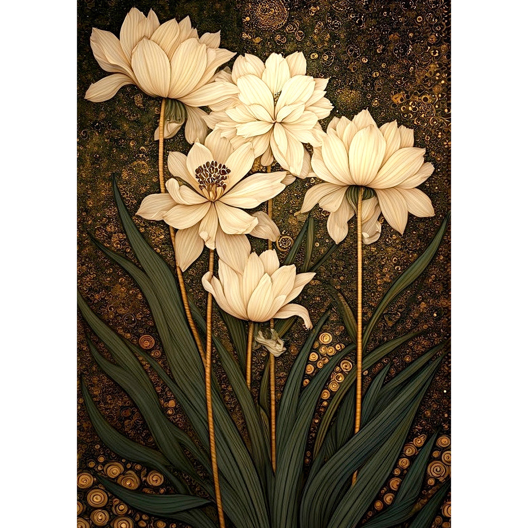 Decoupage paper featuring delicate, sepia toned long stem white flowers with dark green leaves against a dark background. White borders are on the sides.