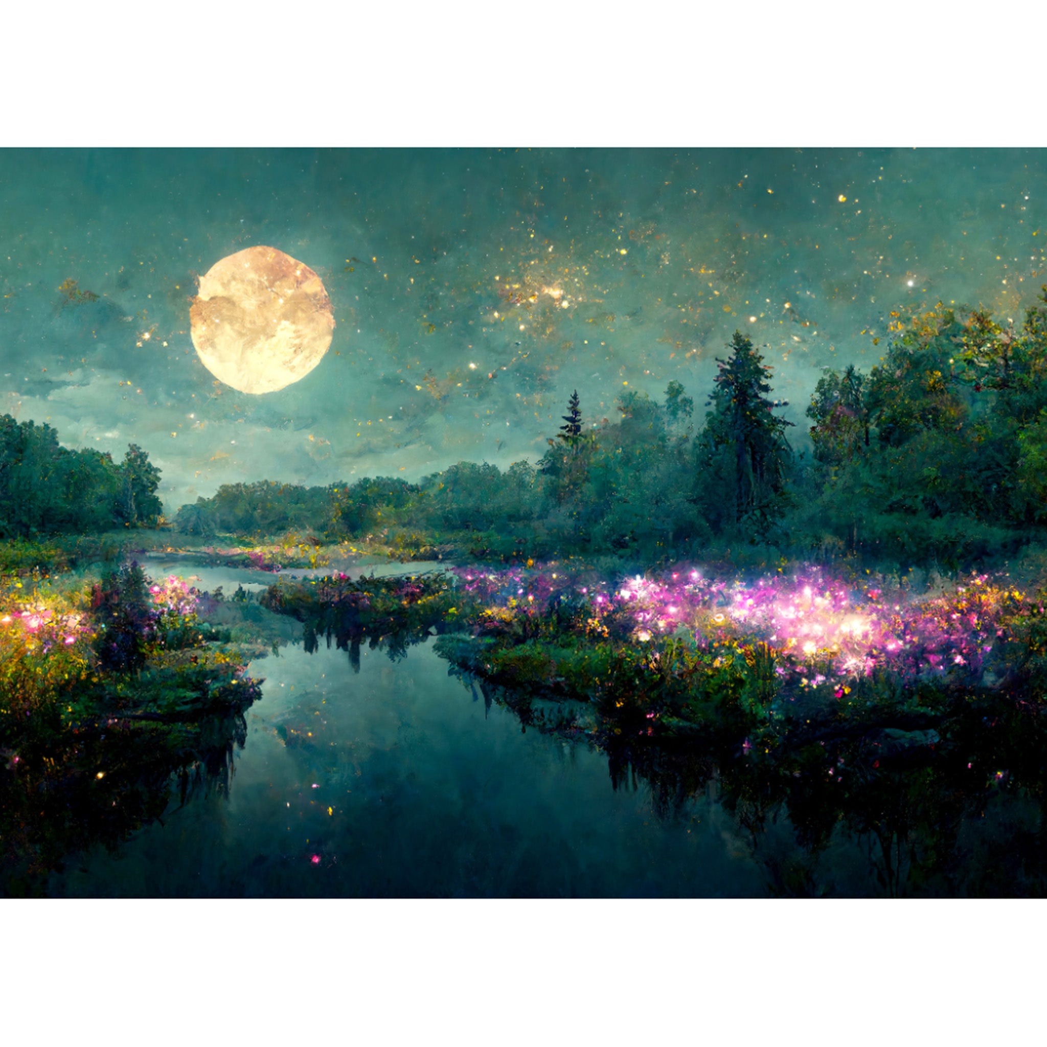 Decoupage paper featuring a full moon shining over a river that glides through glowing flowers before a dark forest and a star speckled night. White borders are on the top and bottom.