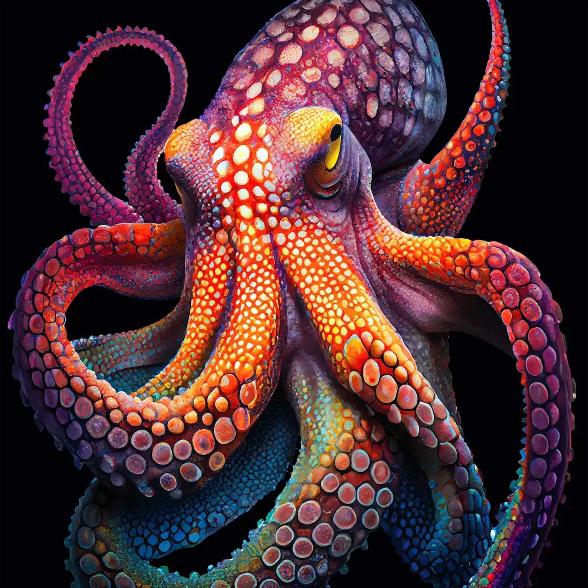 A close-up of a decoupage paper that features a bright and colorful octopus stands out against the dark and mysterious black background. 