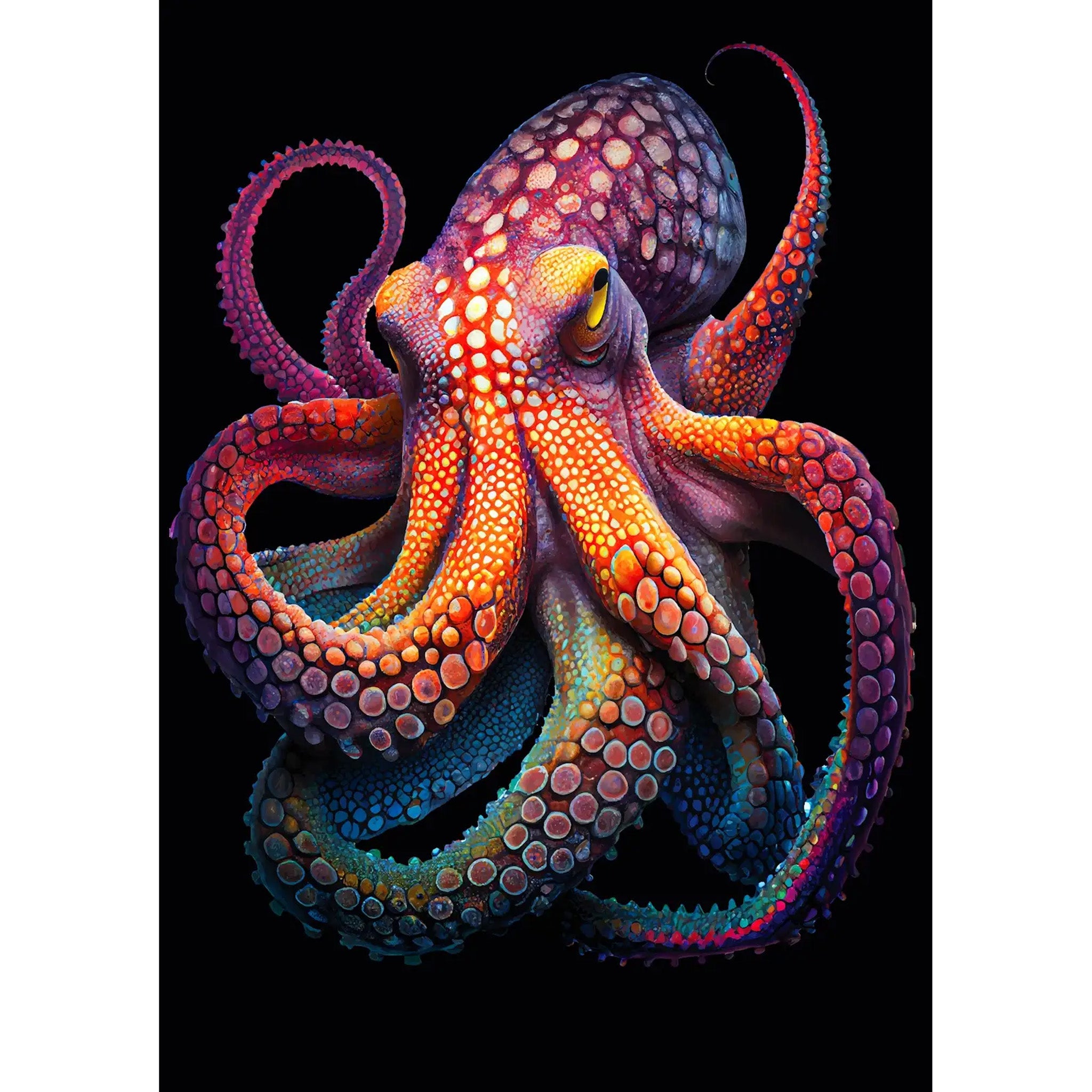 Decoupage paper that features a bright and colorful octopus stands out against the dark and mysterious black background. White borders are on the sides.