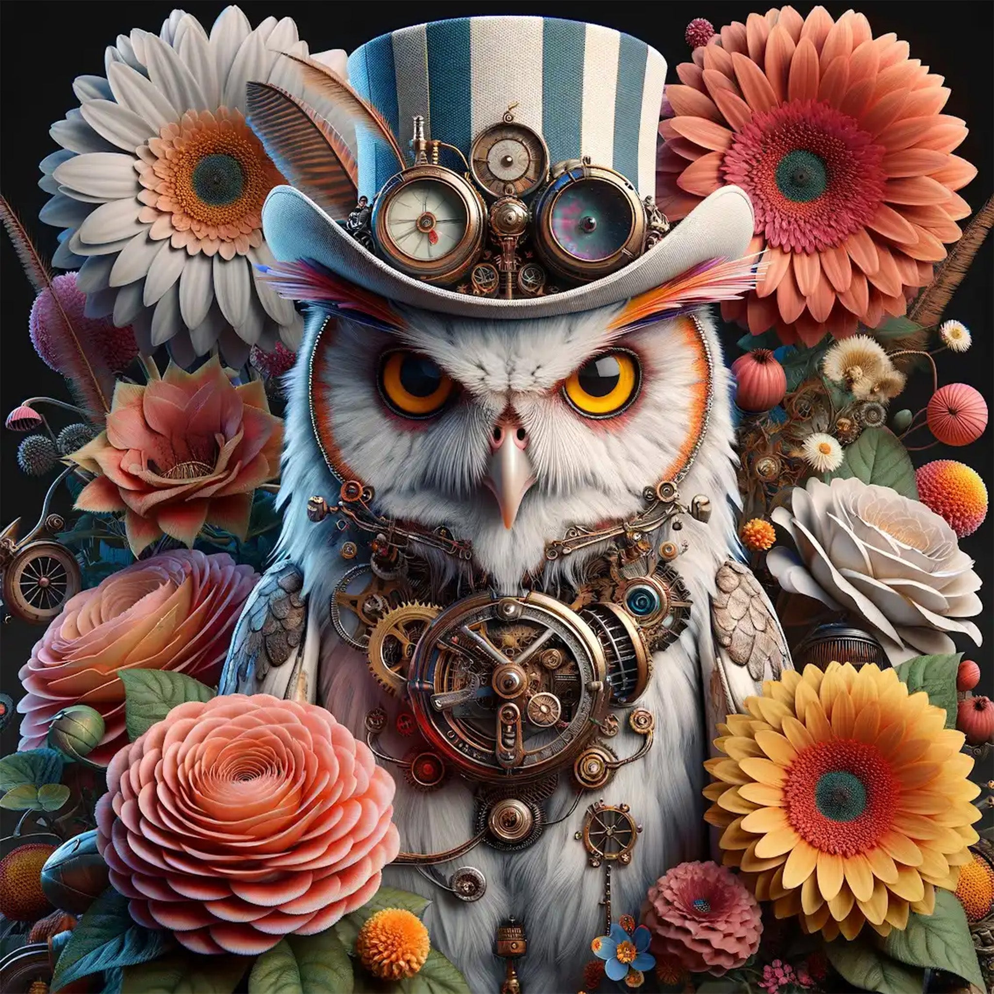 Close-up of a decoupage paper featuring a funky owl surrounded by pastel flowers and accessorized with a steampunk gear necklace and top hat.