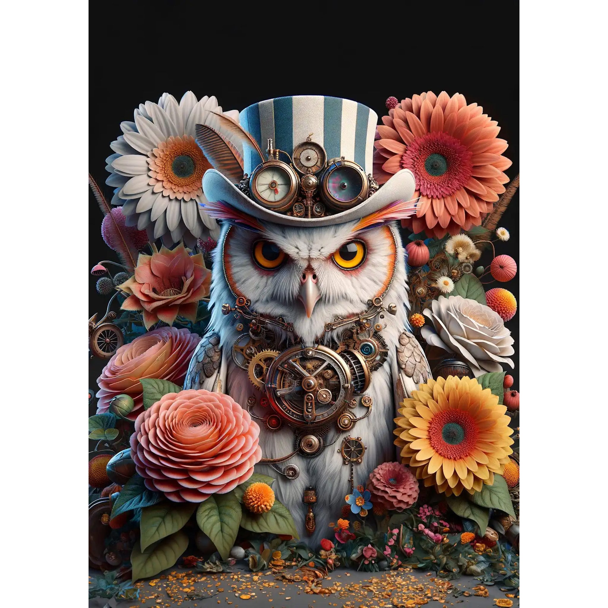 Decoupage paper featuring a funky owl surrounded by pastel flowers and accessorized with a steampunk gear necklace and top hat. White borders are on the sides.