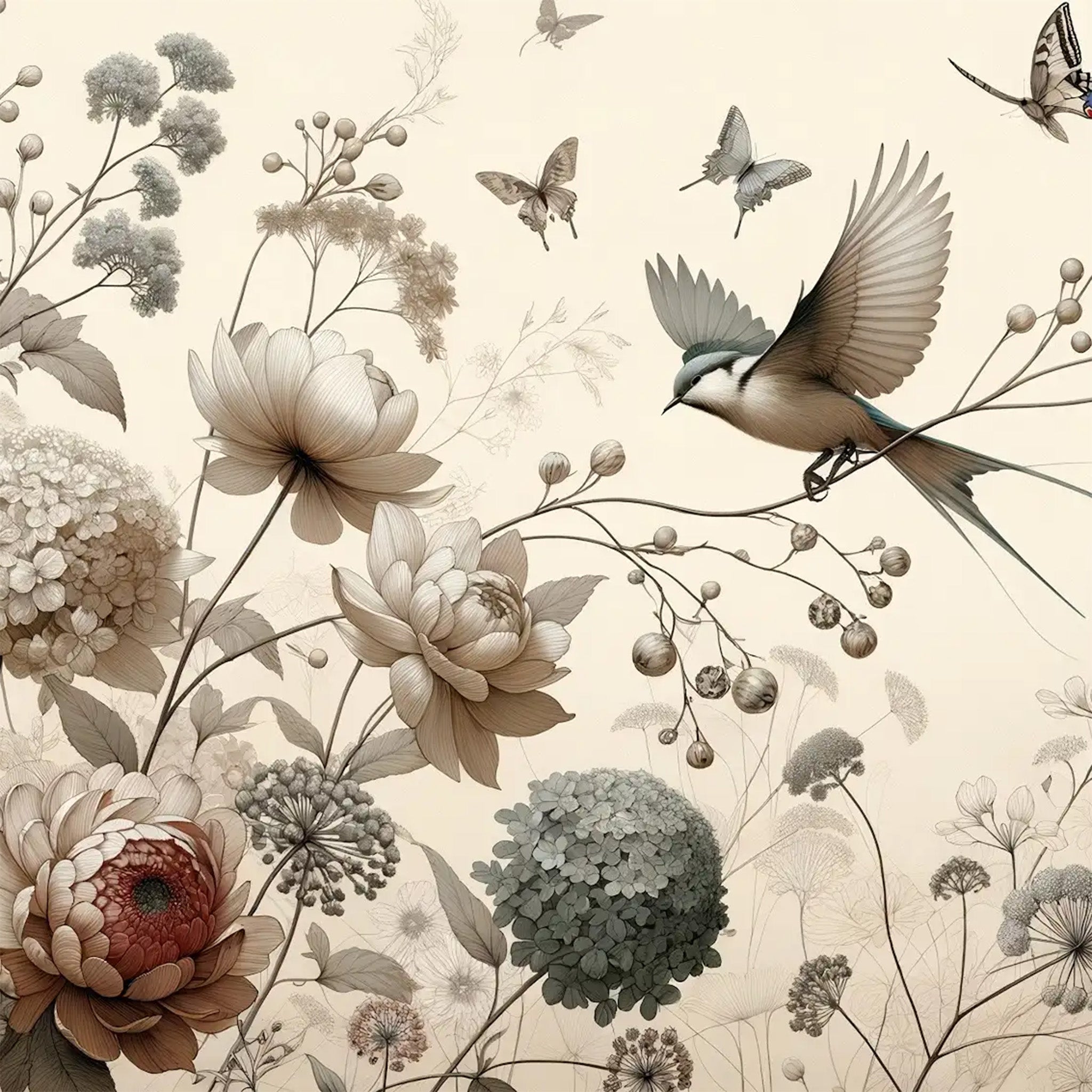 Close-up of a decoupage paper featuring a bird landing on a branch and delicate butterflies amidst pale flowers on a cream background. 