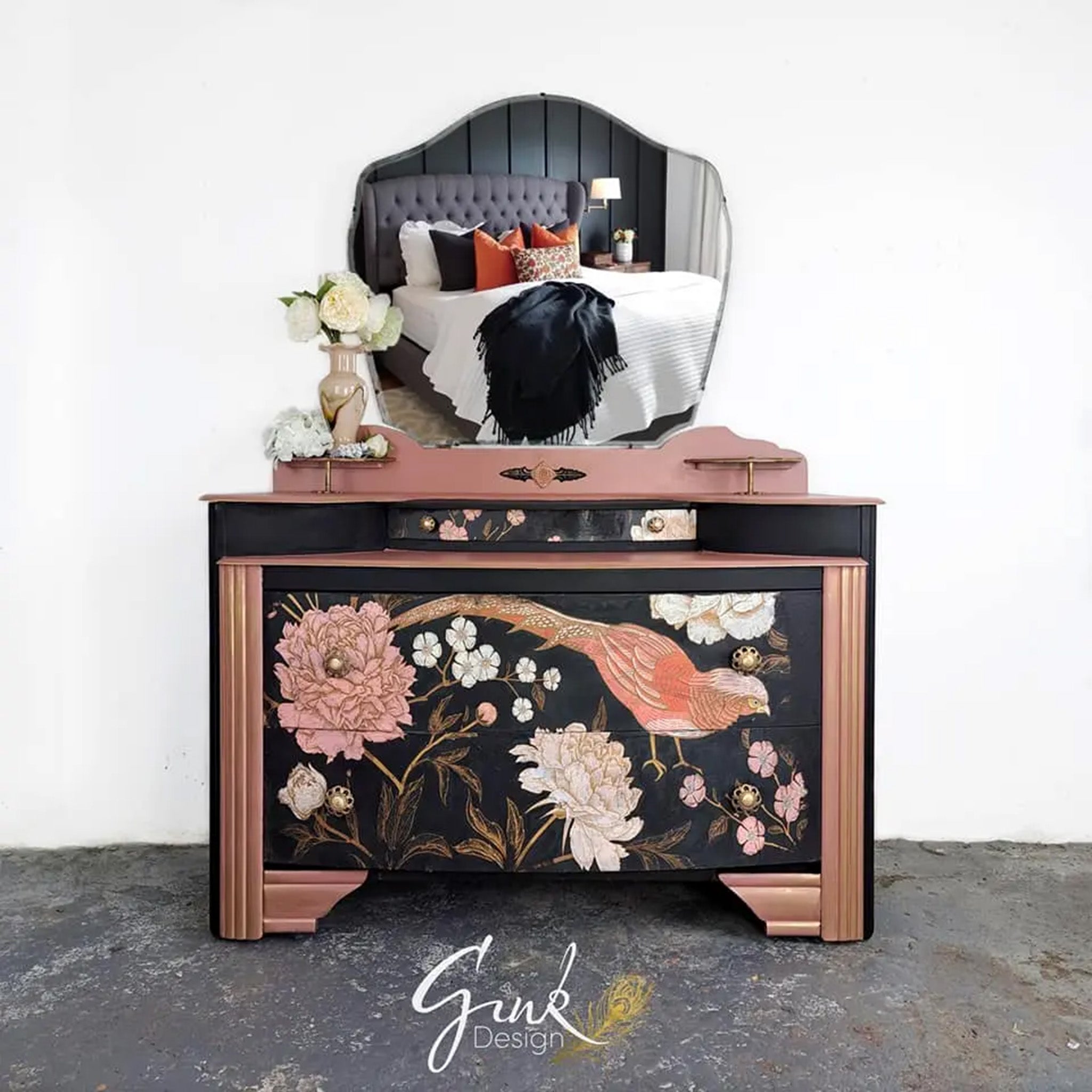 A vintage 2-drawer dresser refurbished by Gink Design is painted black and mauve pink and features Mint by Michelle's Pheasant decoupage paper on the drawers.