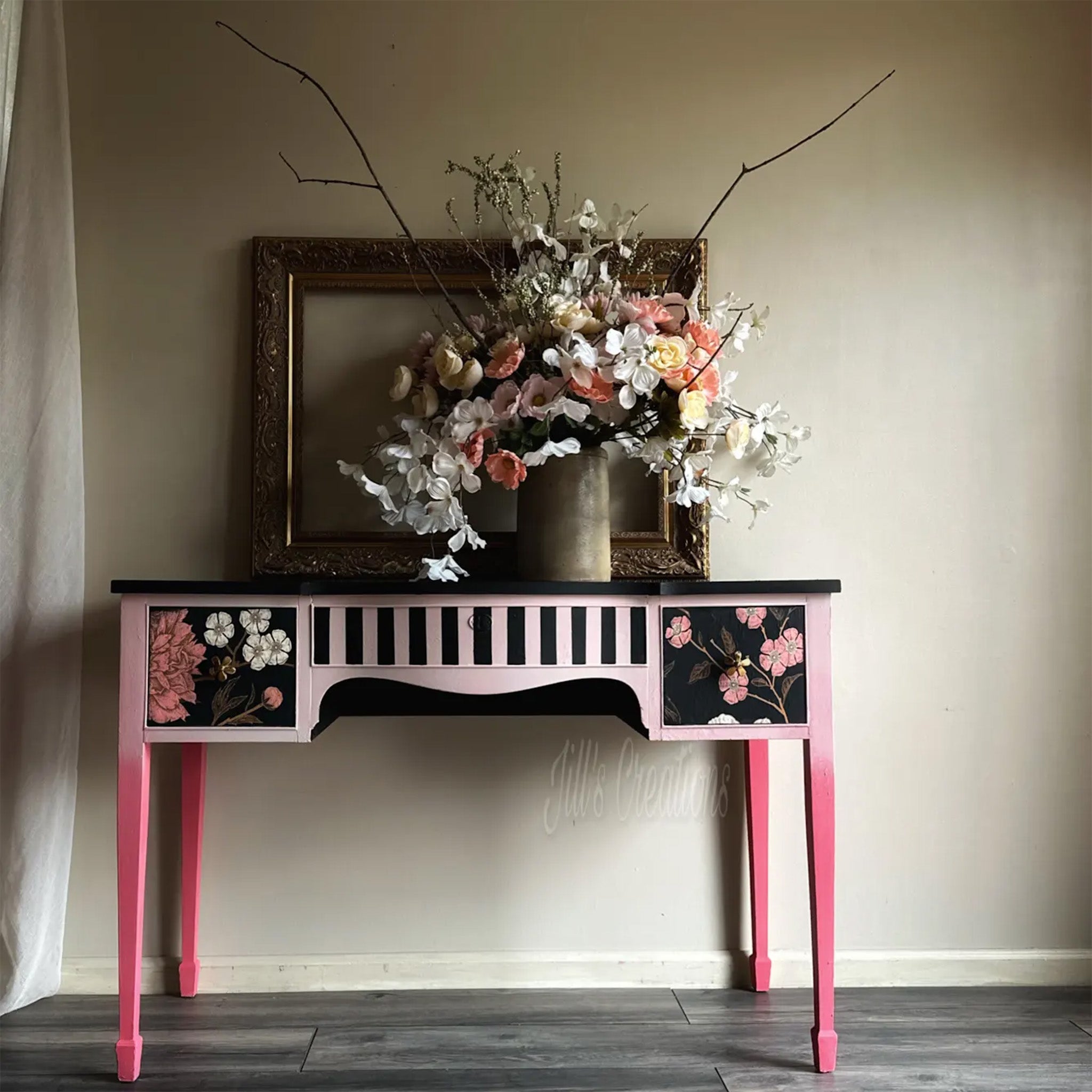 A vintage desk refurbished by Jill's Creations is painted an ombre of pink and features Mint by Michelle's Pheasant decoupage paper on 2 small drawers.