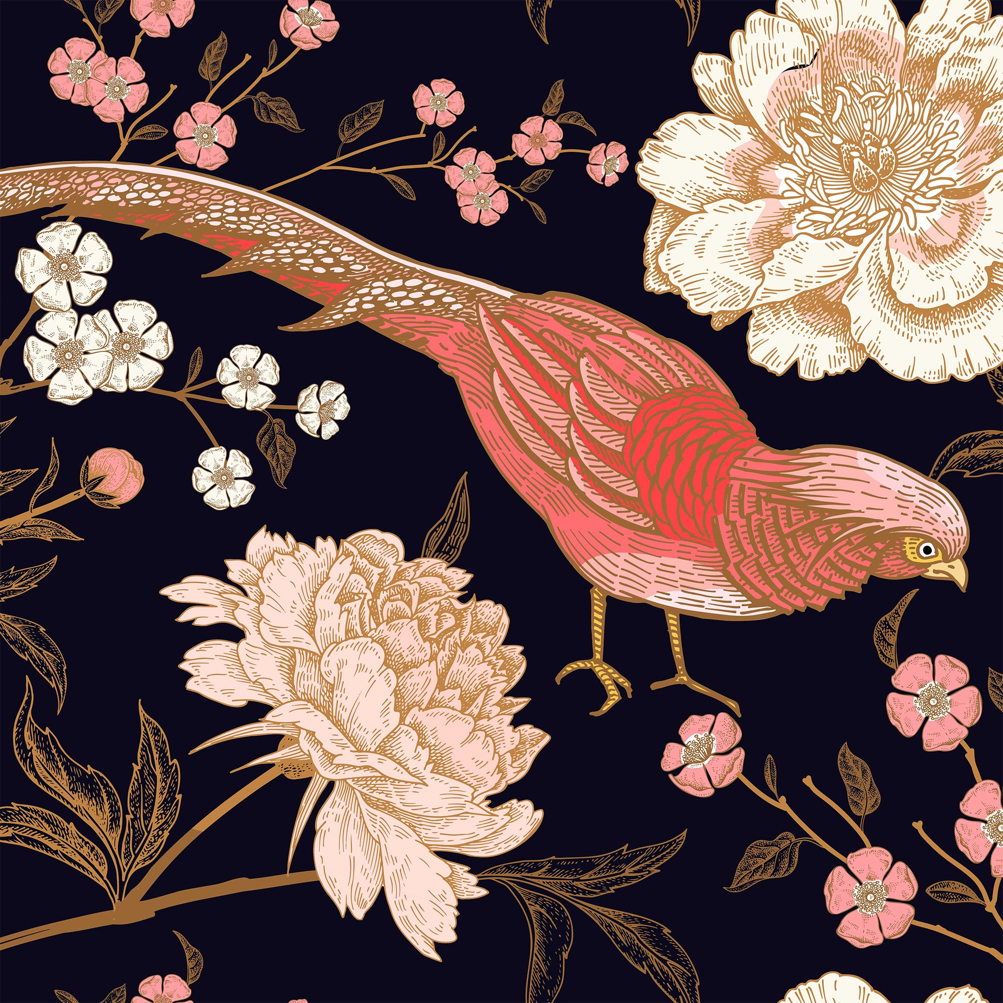 Close-up of a decoupage paper featuring a bold pink pheasant, cream flowers, and a playful mix of white and pink florals against a sleek black background.