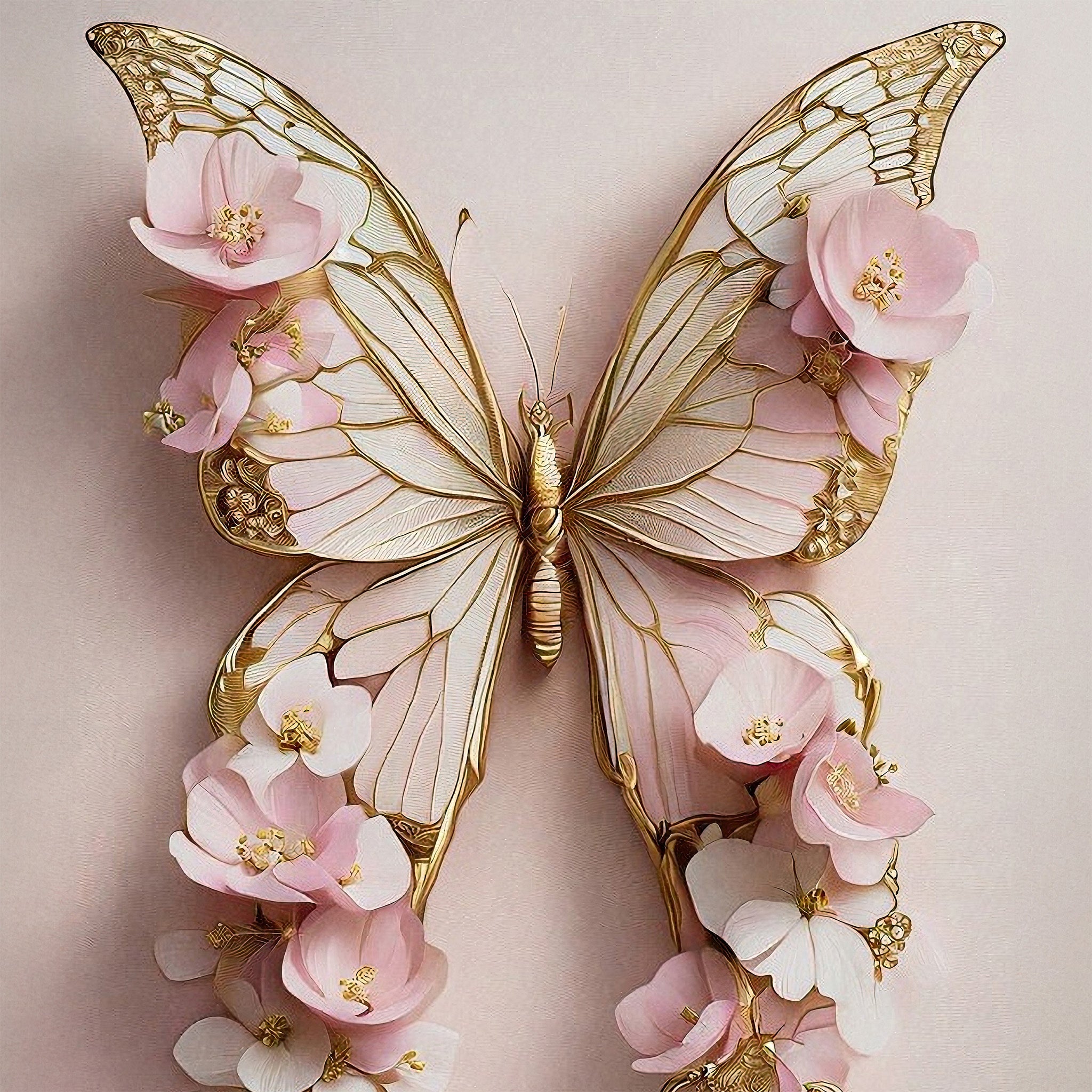 Close-up of a decoupage paper featuring a stunning gold metal butterfly with pink flowers on its wings against a soft pink background.