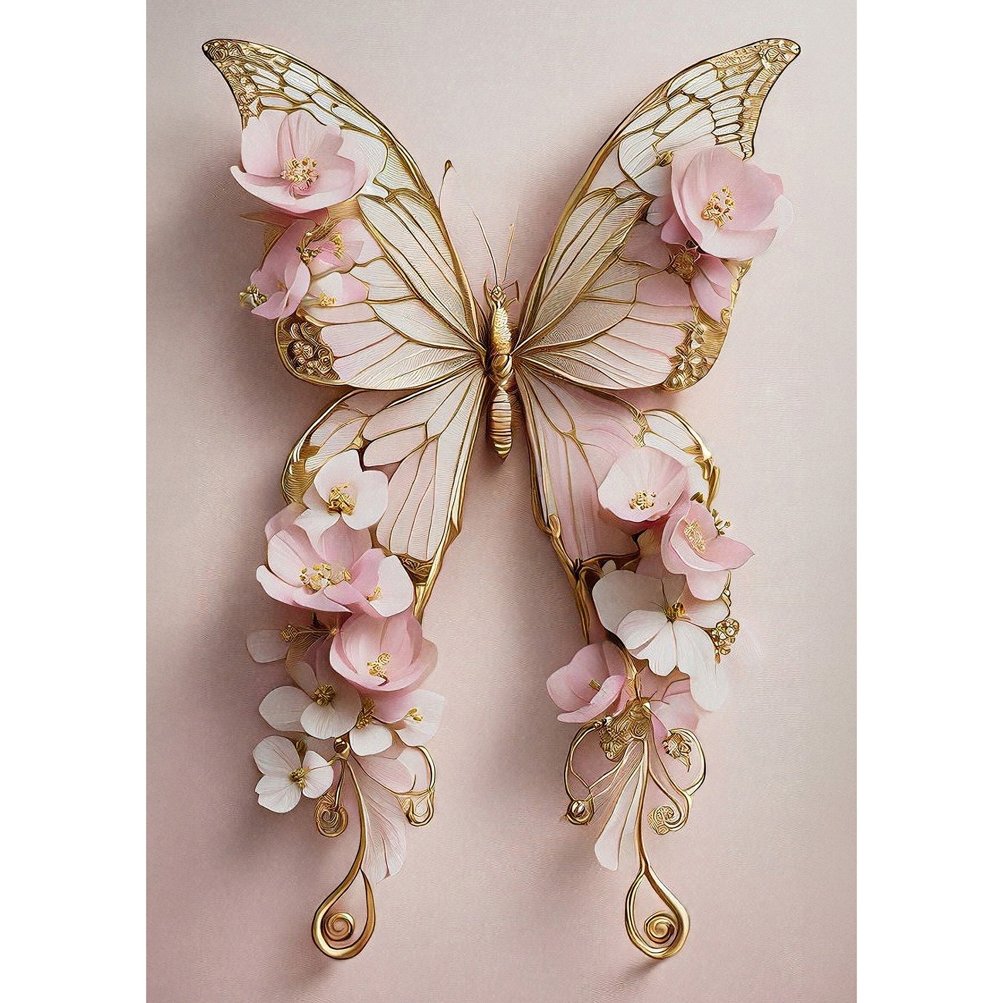 Decoupage paper featuring a stunning gold metal butterfly with pink flowers on its wings against a soft pink background. White borders are on the sides.