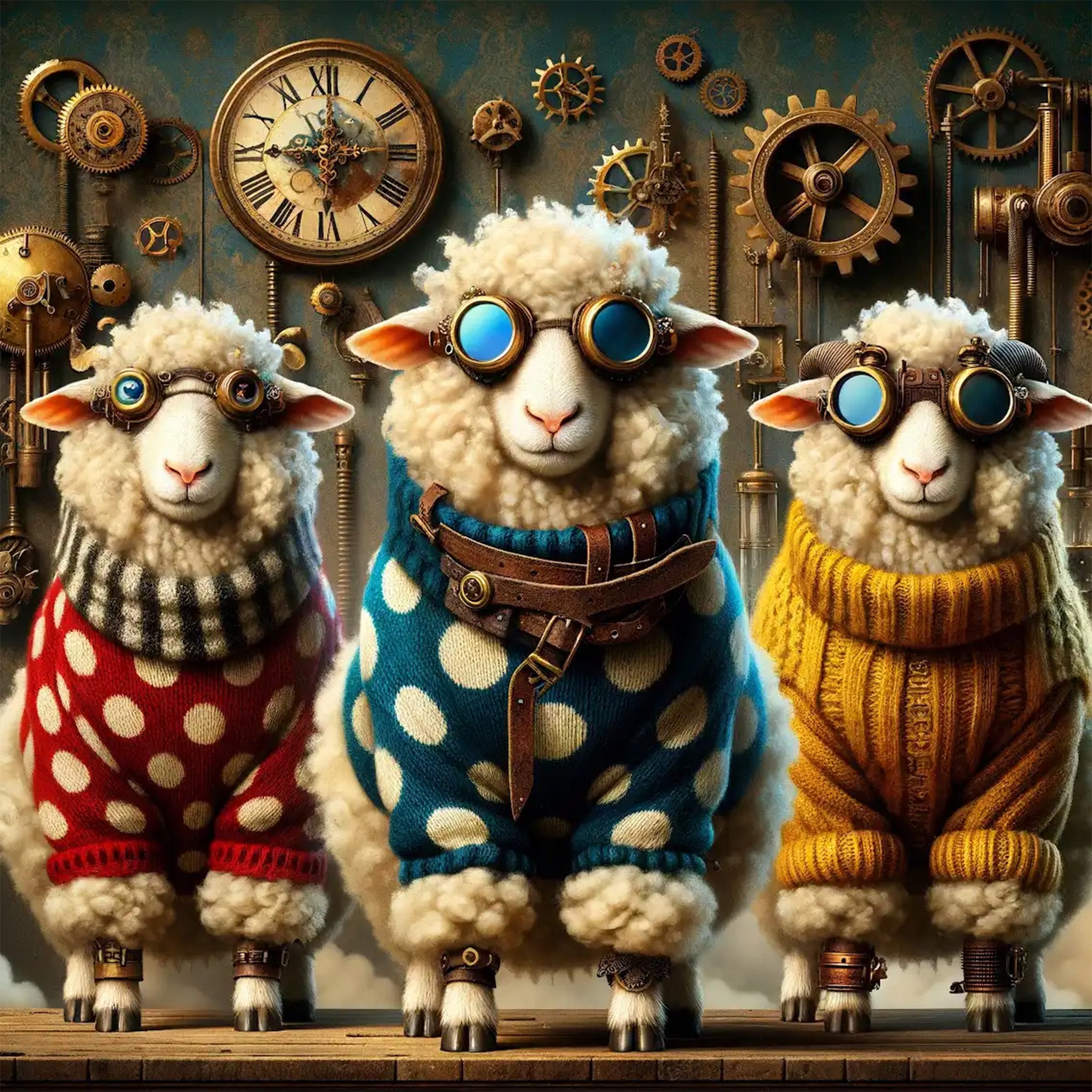 Close-up of a decoupage paper featuring three quirky sheep in colorful sweaters, steampunk goggles, and a background of clocks, cogs, and gears.