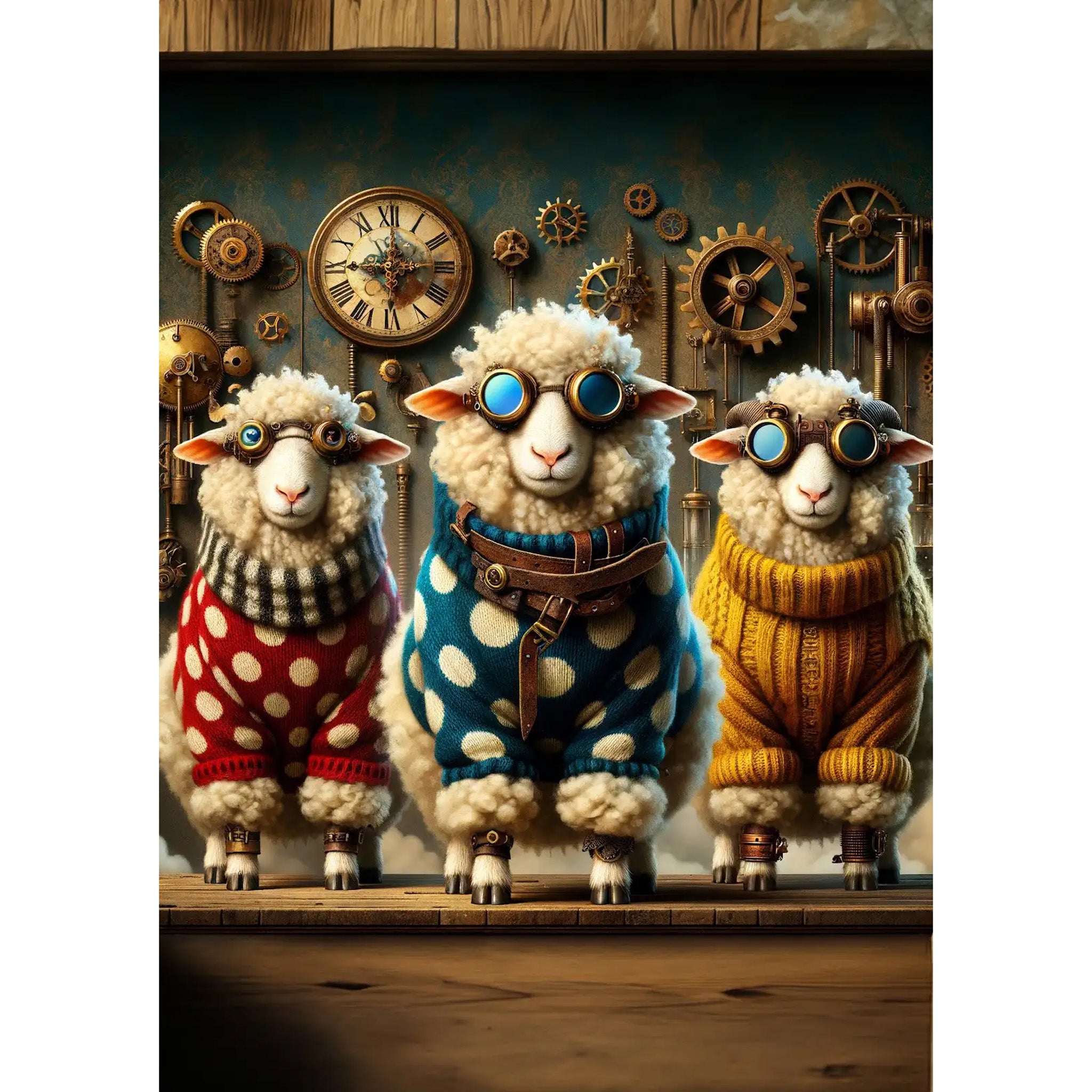 Decoupage paper featuring three quirky sheep in colorful sweaters, steampunk goggles, and a background of clocks, cogs, and gears. White borders are on the sides.