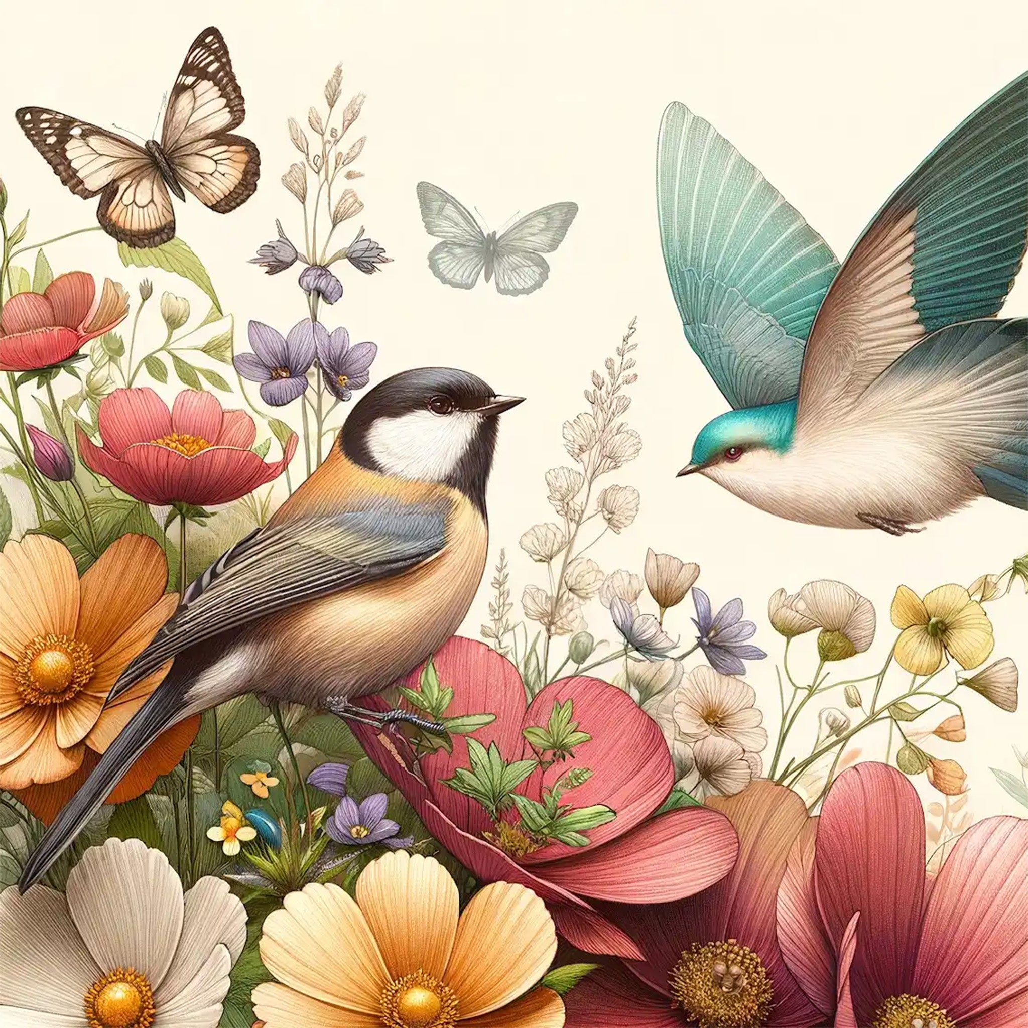 Close-up of a decoupage paper featuring colorful birds, flowers, and butterflies on a cream background.