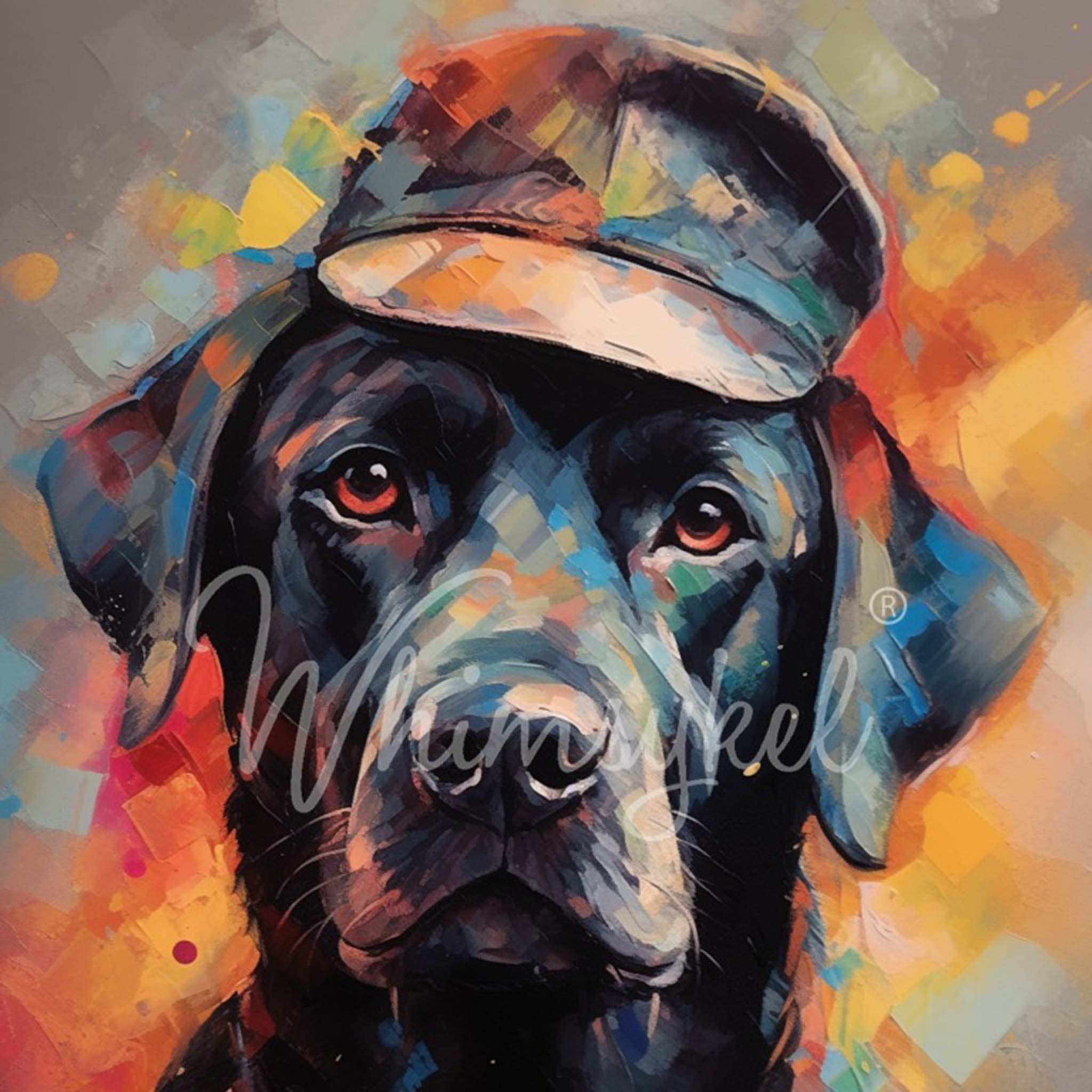 Close-up of a tissue paper design that features a charming black Labrador donning a classic painter's hat.
