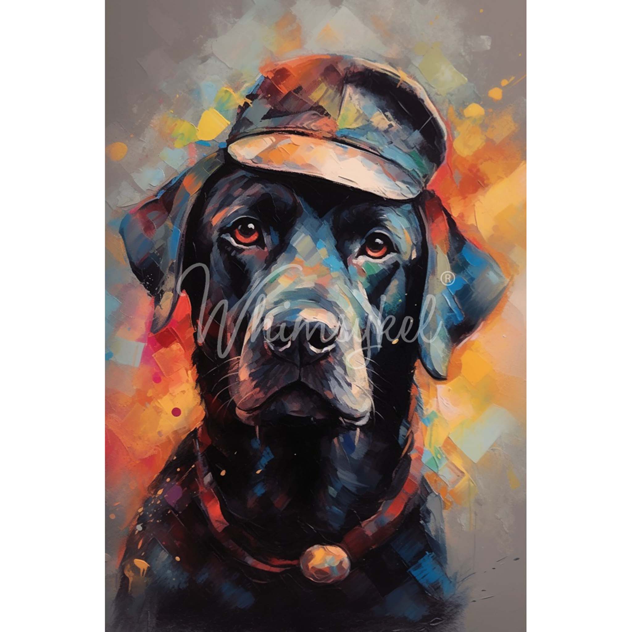 Tissue paper design that features  a charming black Labrador donning a classic painter's hat. White borders are on the sides.