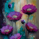 Close-up of a tissue paper design that features a painting of purple poppies against a dark moody background. 