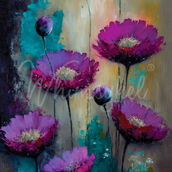 Close-up of a tissue paper design that features a painting of purple poppies against a dark moody background. 