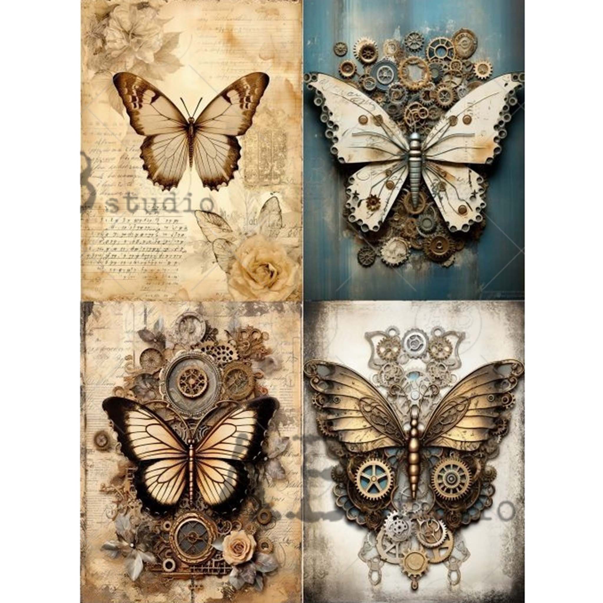 A4 rice paper design that features 4 unique Steampunk butterfly designs, set against beautiful vintage backgrounds. White borders are on the sides.