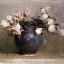 Close-up of a rice paper design featuring a beautiful painting of roses in a vase.