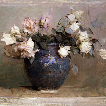 Close-up of a rice paper design featuring a beautiful painting of roses in a vase.