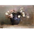 Rice paper design featuring a beautiful painting of roses in a vase. White borders are on the top and bottom.